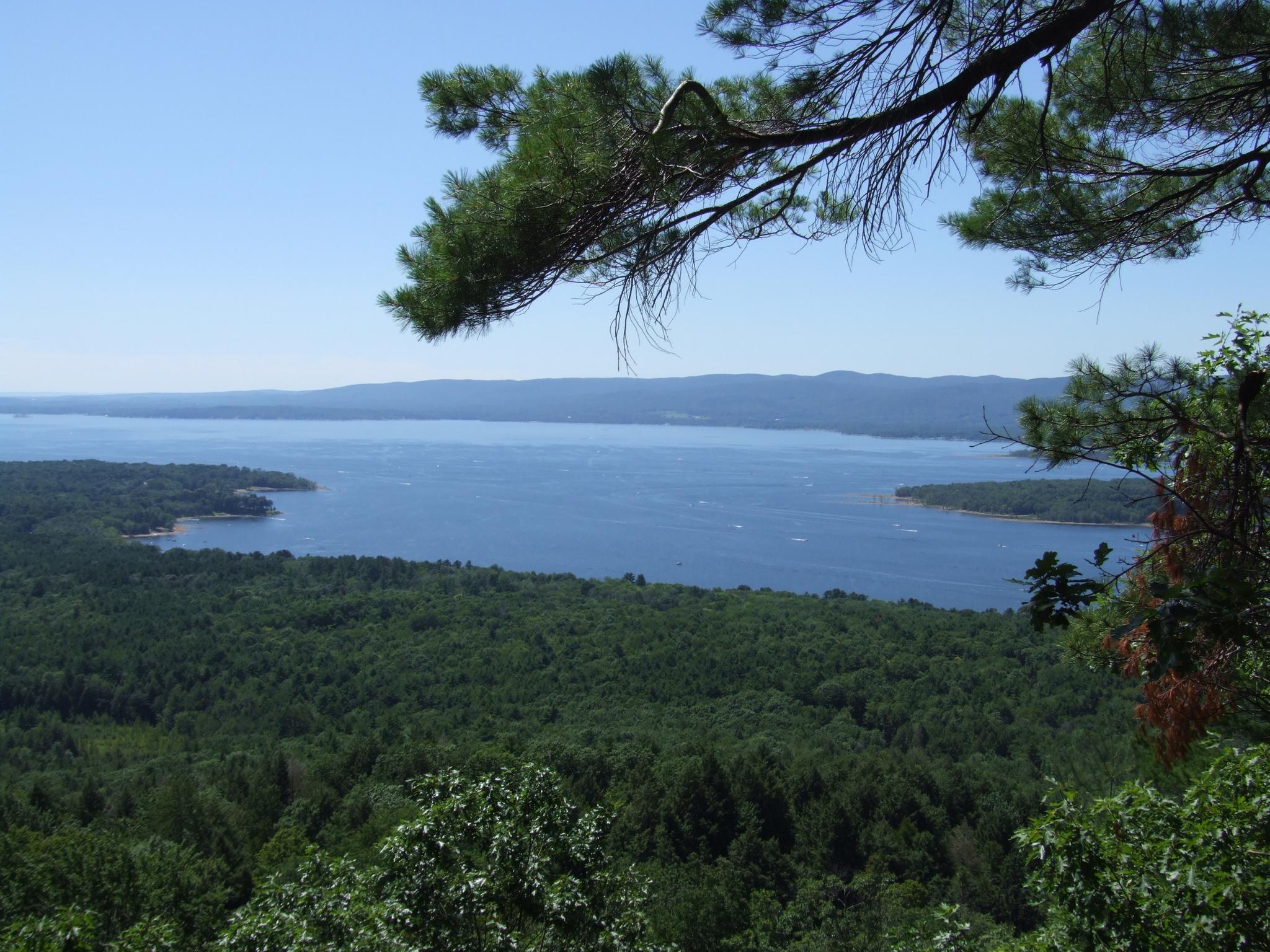 Panoramic view of a vast blue lake surrounded by lush green forest.