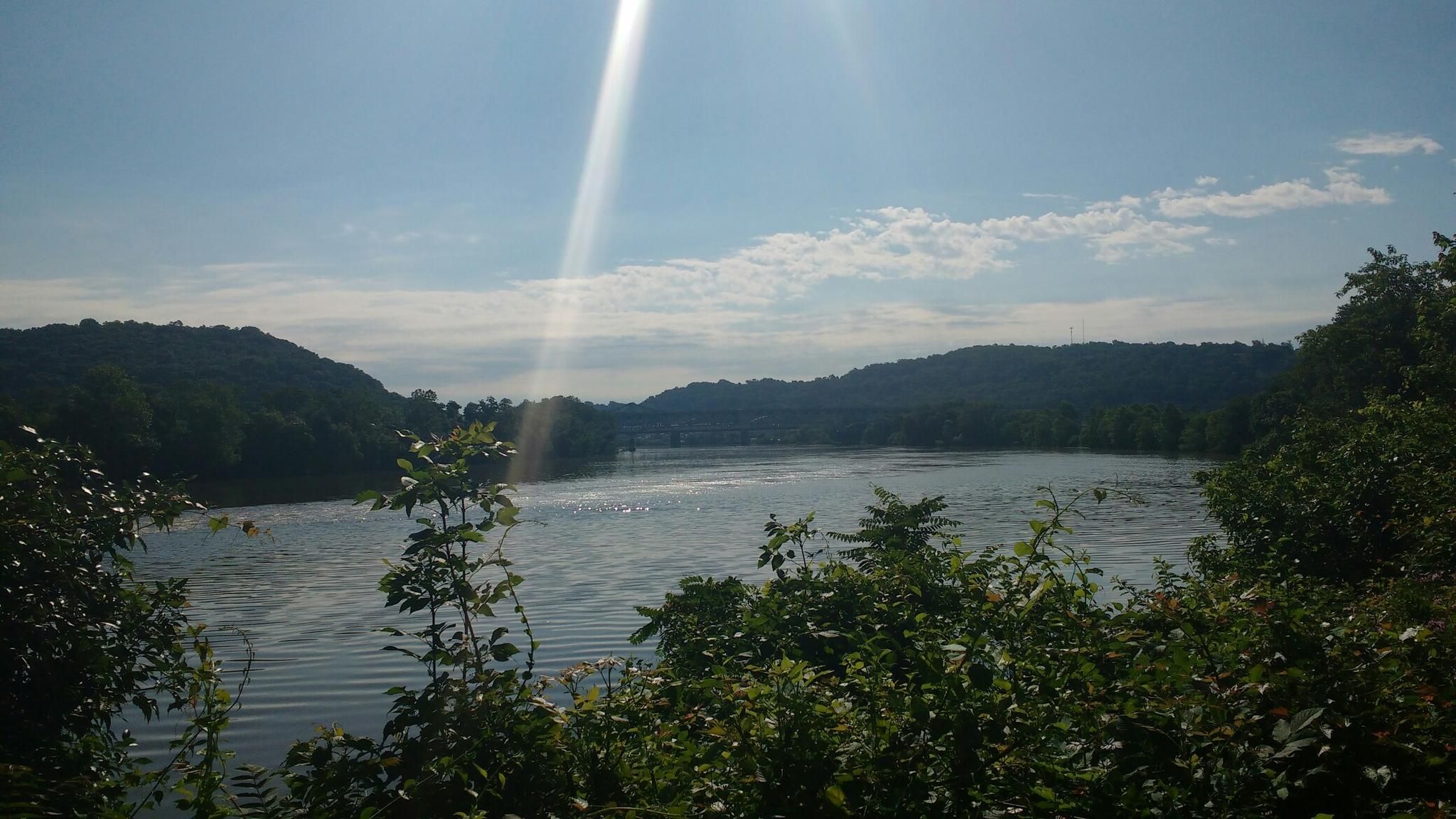 Sunny river view through green foliage, distant hills, bright sun flare. - Three Rivers Heritage Trail Loop
