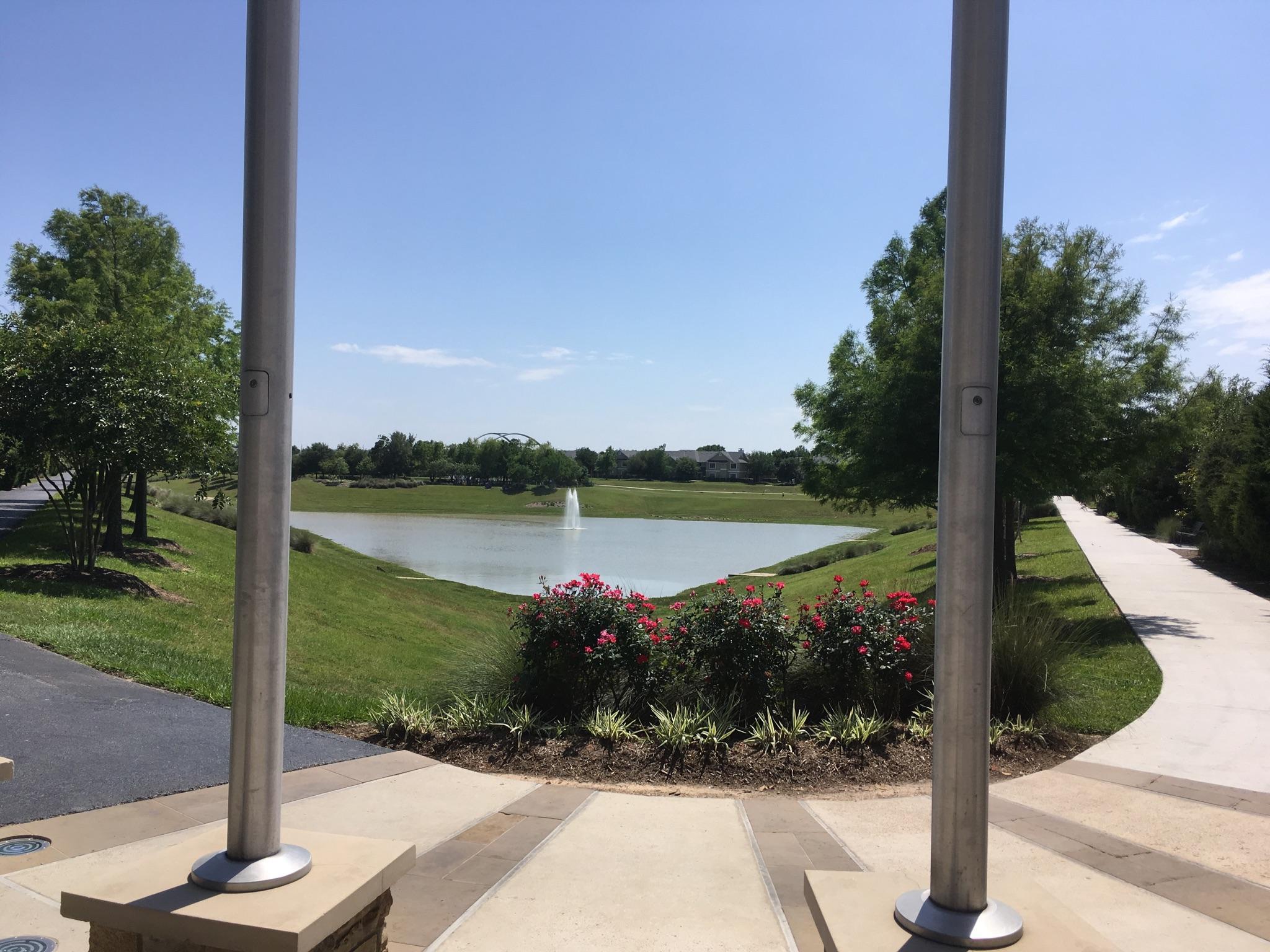 A lake with a fountain, surrounded by green grass and trees, on a sunny day.