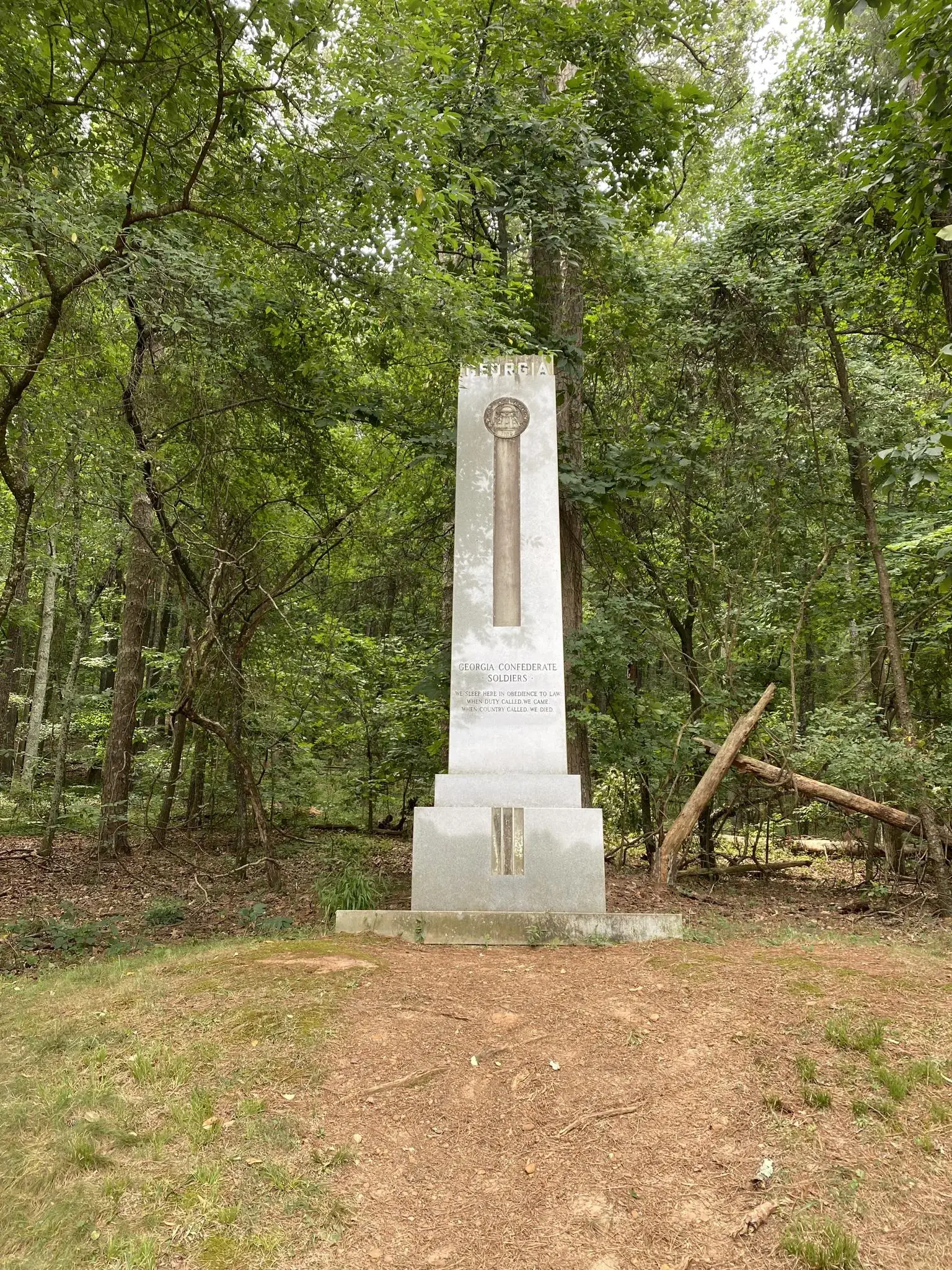Tall stone monument stands in a dense green forest on a sunny day.
