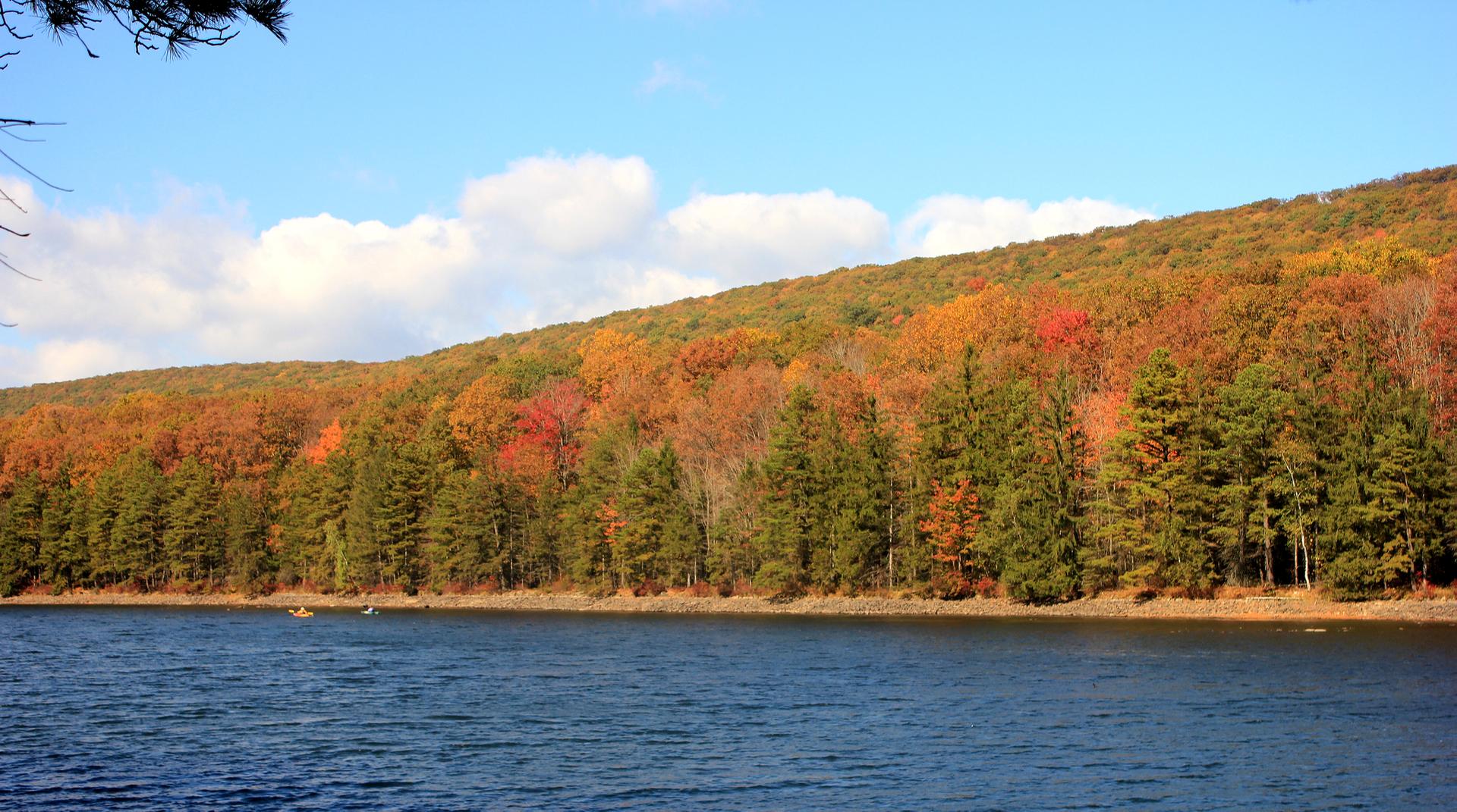 Wide lake view with colorful autumn trees and distant hills.