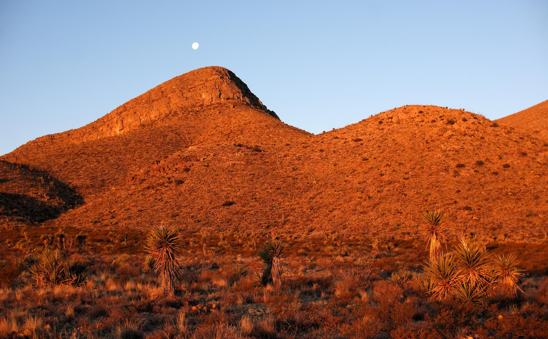 Golden desert mountains under a clear sky with a visible moon.