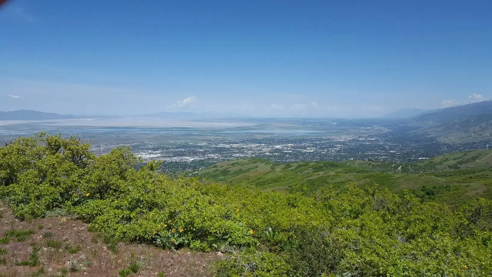 Bright green hills overlooking a vast valley with a city and distant water.