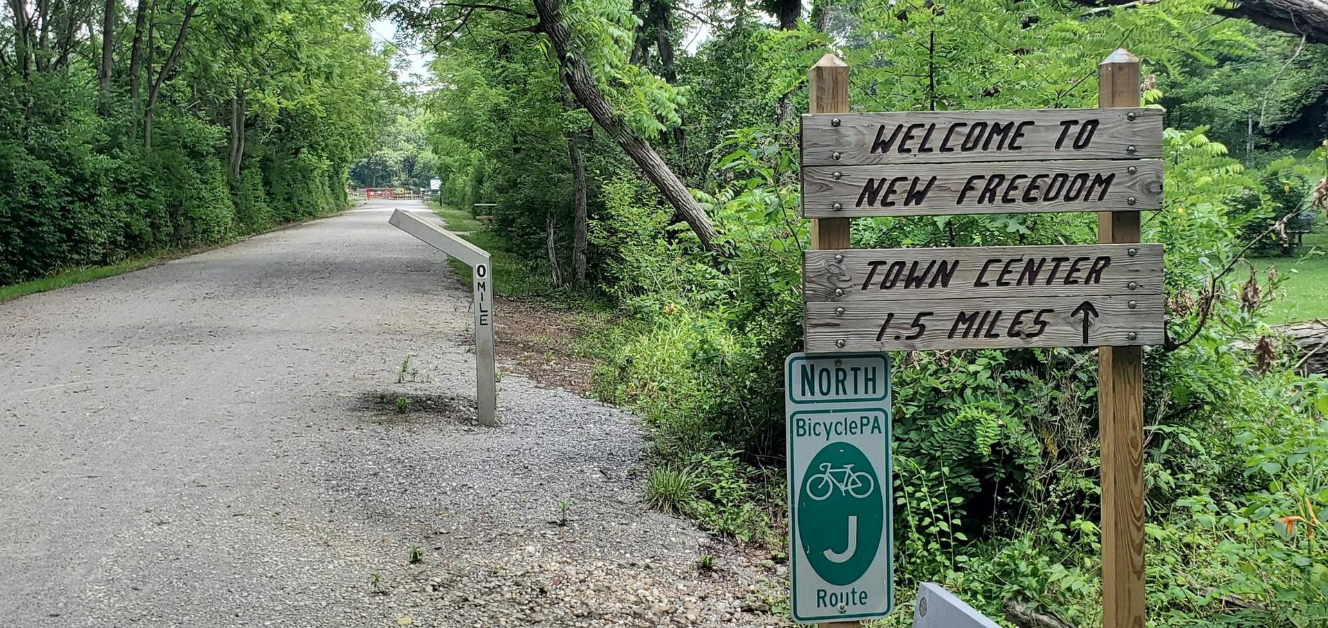 Wooden and green bicycle signs beside a gravel path in a forest.