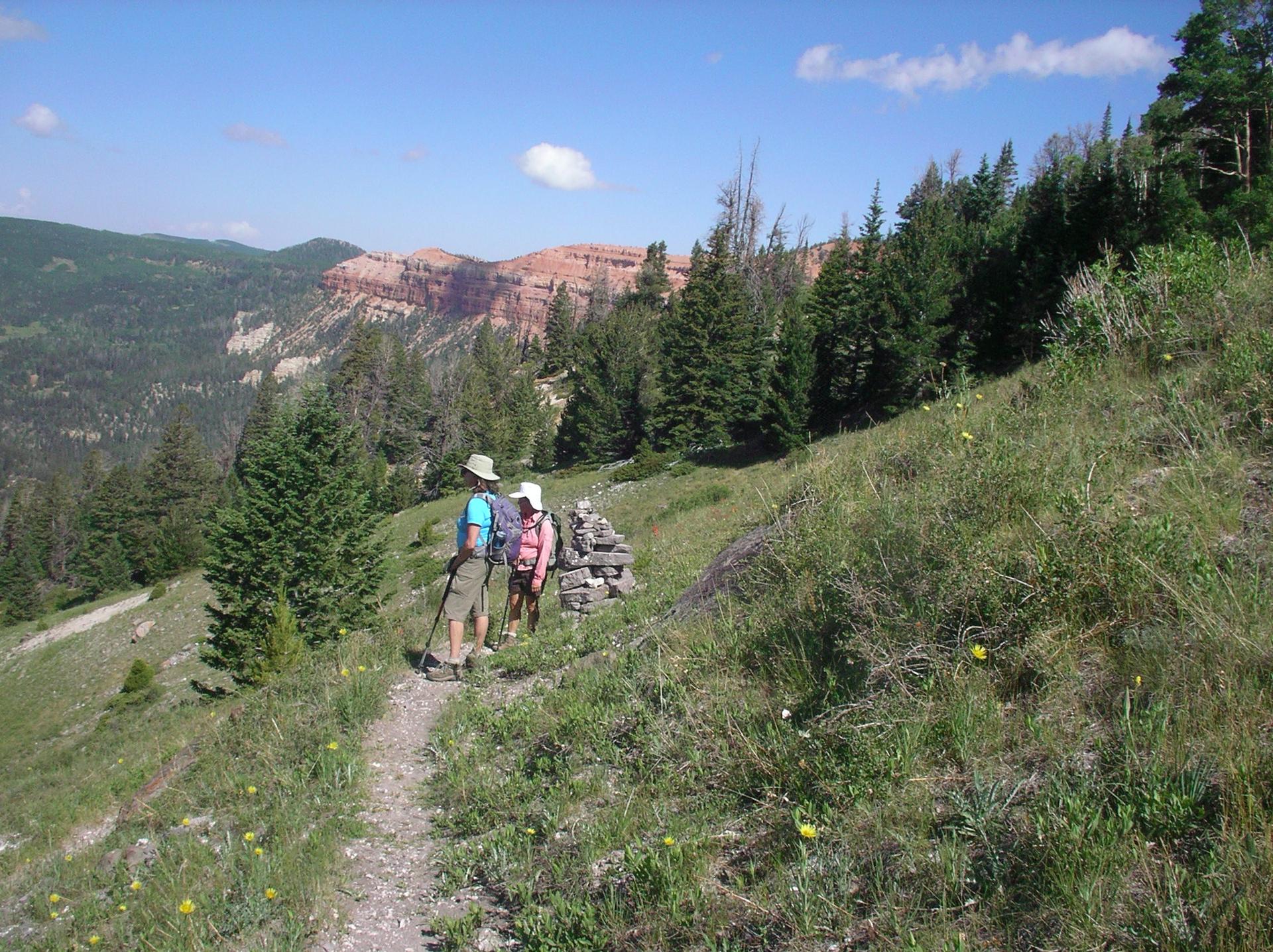 Two hikers on a sunny mountain trail with red rock cliffs.