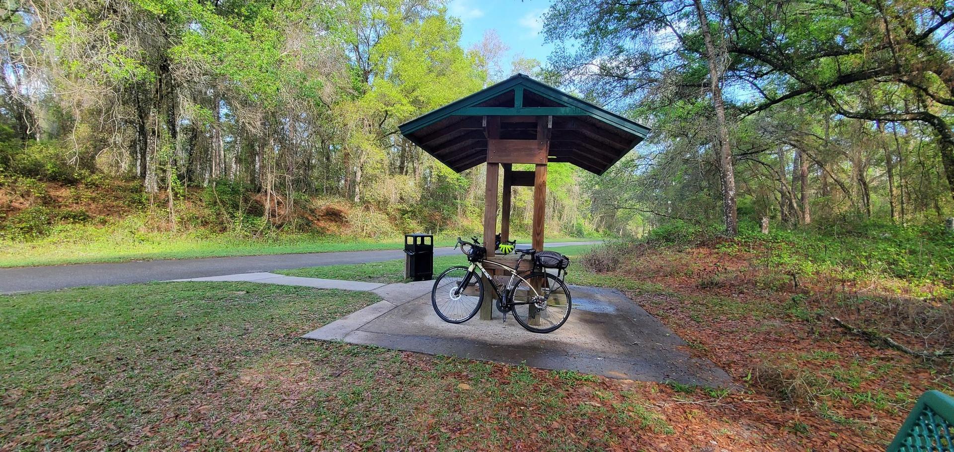Bicycle parked under a shelter beside a paved path on a sunny day.