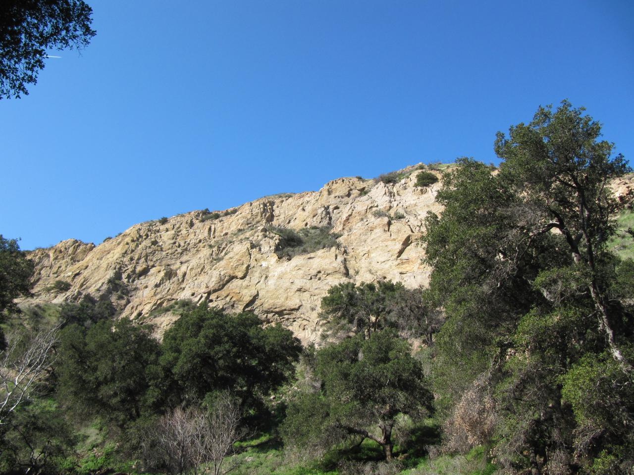 Towering rock cliff face with green trees under a clear blue sky.