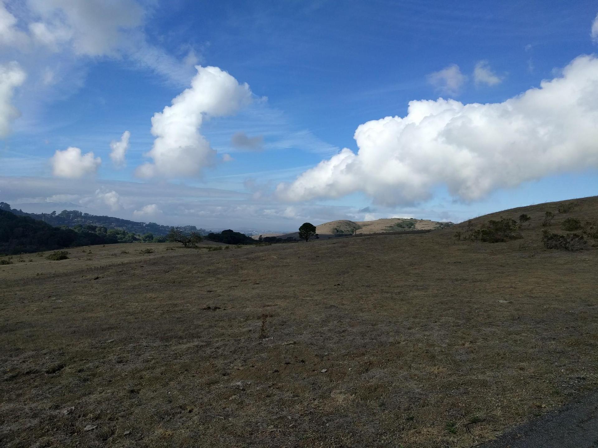 Expansive dry grassy hills under a bright blue sky with large white clouds.