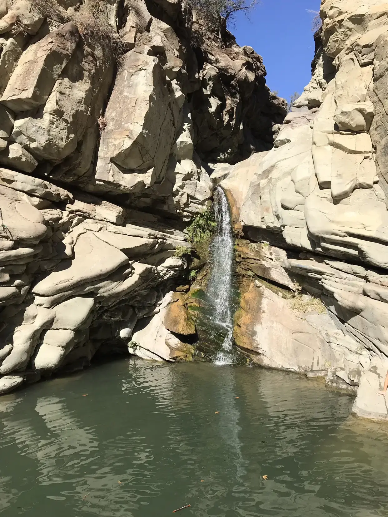 Small waterfall cascading into a clear pool surrounded by light-colored rock walls.