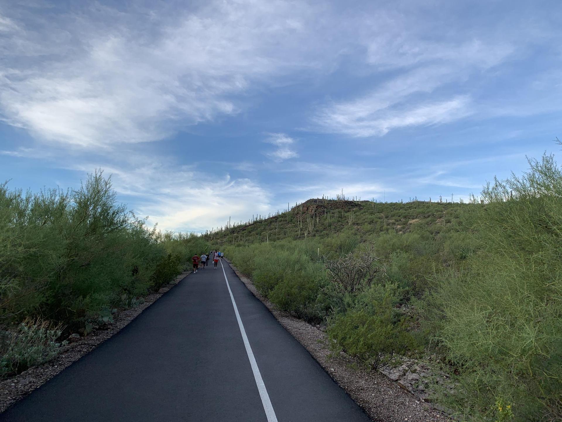 Paved path through desert brush and hills under a cloudy blue sky, people walking.