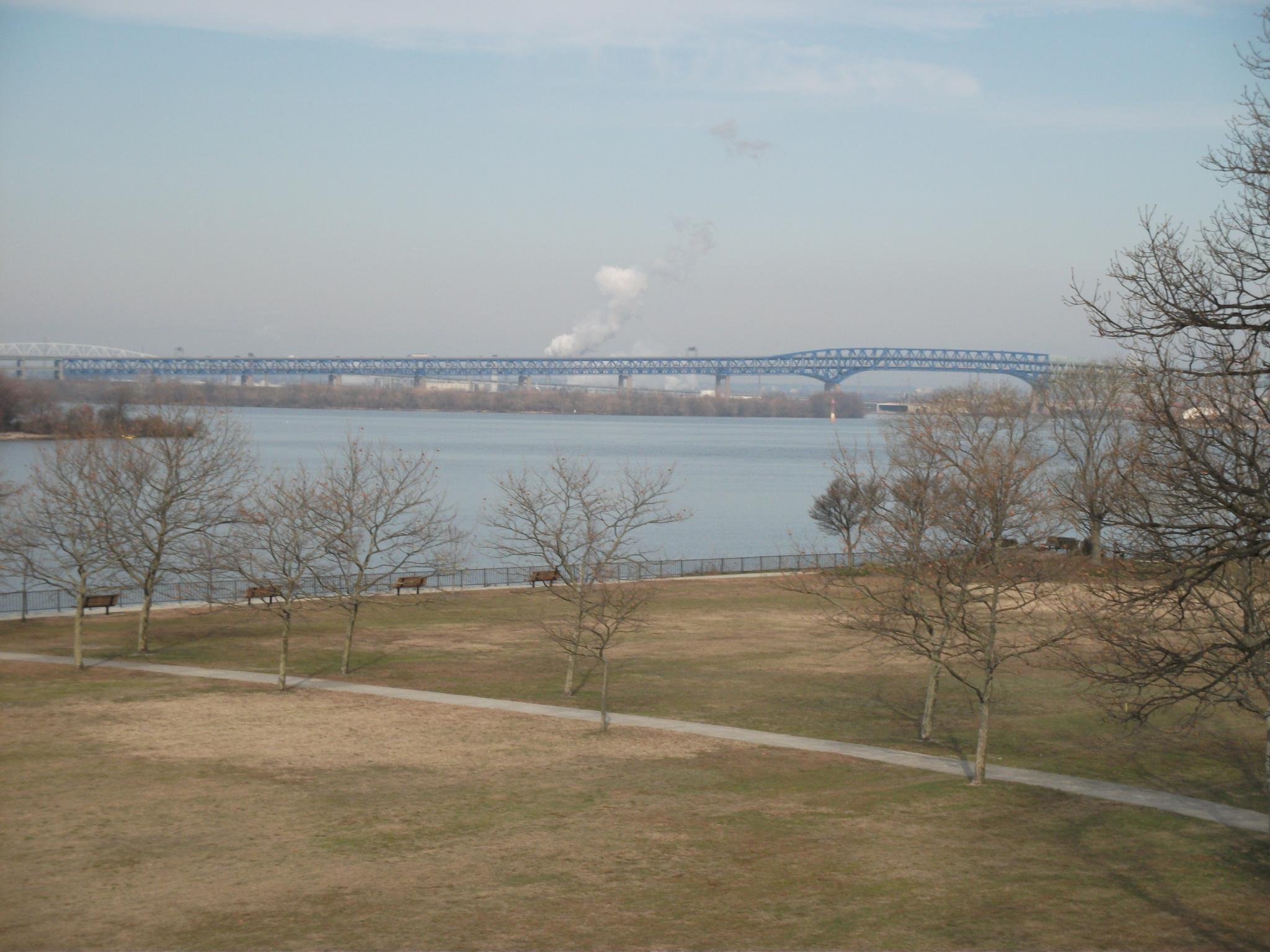 Overcast view of a wide river, distant bridge, and bare trees.