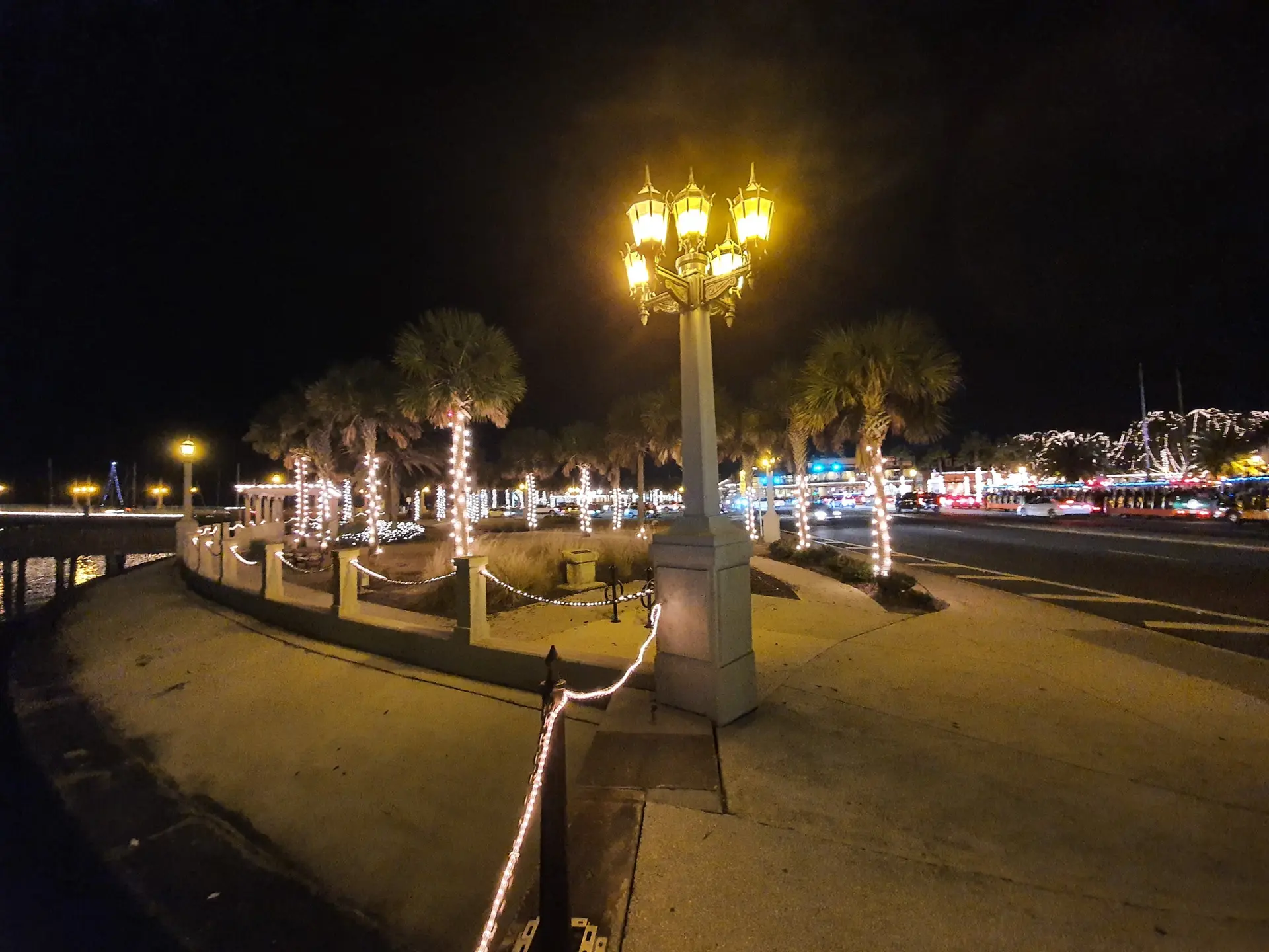 Ornate street lamp illuminating palm trees and a street at night.