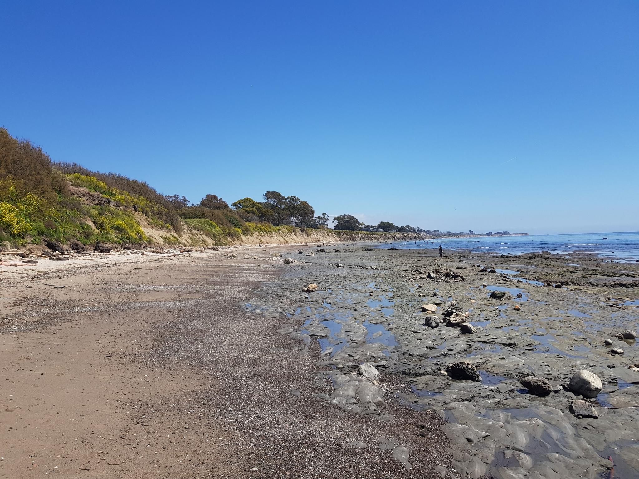 Wide sandy and rocky beach with a person by the ocean under a clear sky. - Sea Lookout Park to Devereux Beach Loop