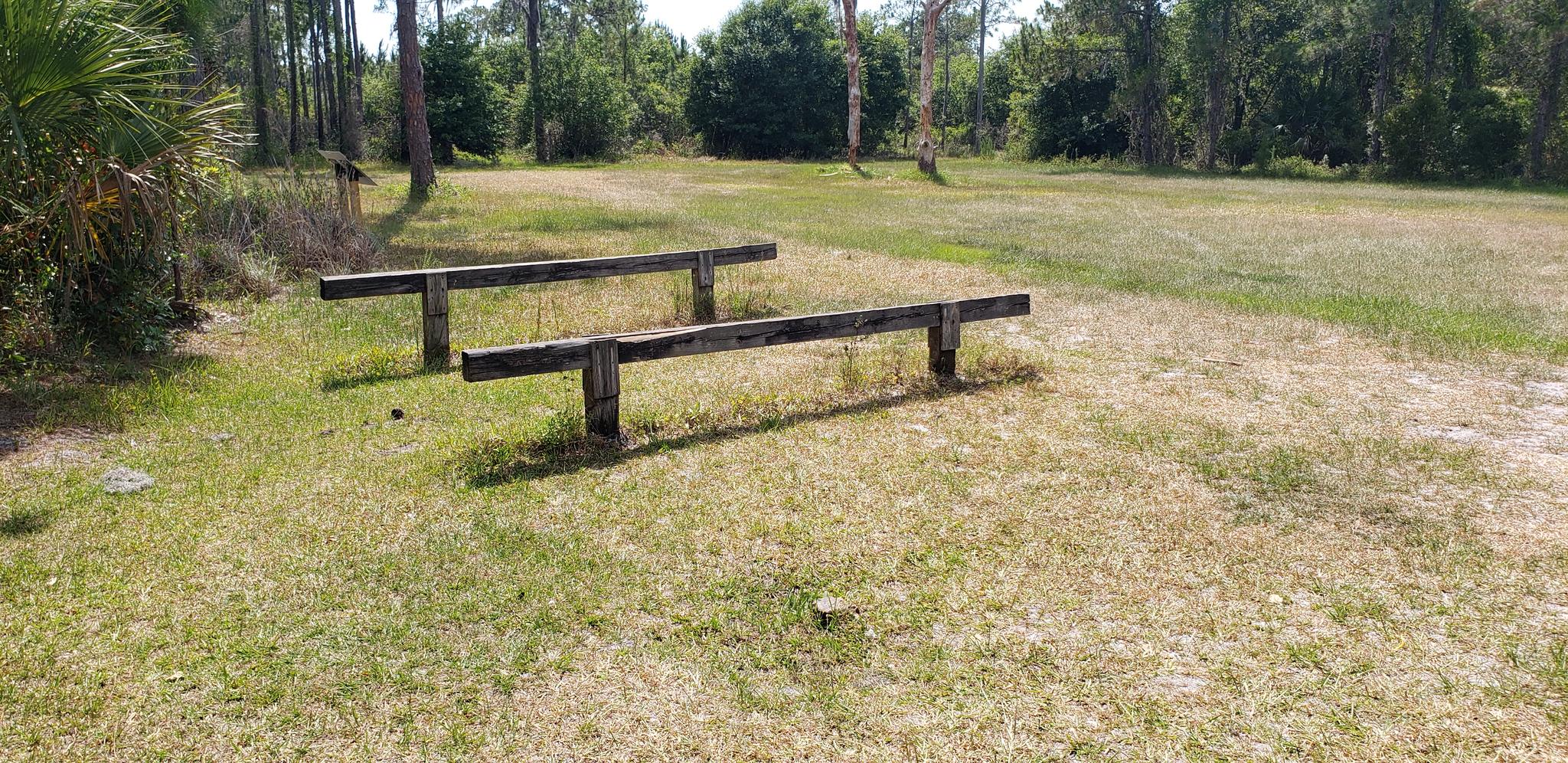 Two wooden balance beams in a sunny, grassy field with distant trees.