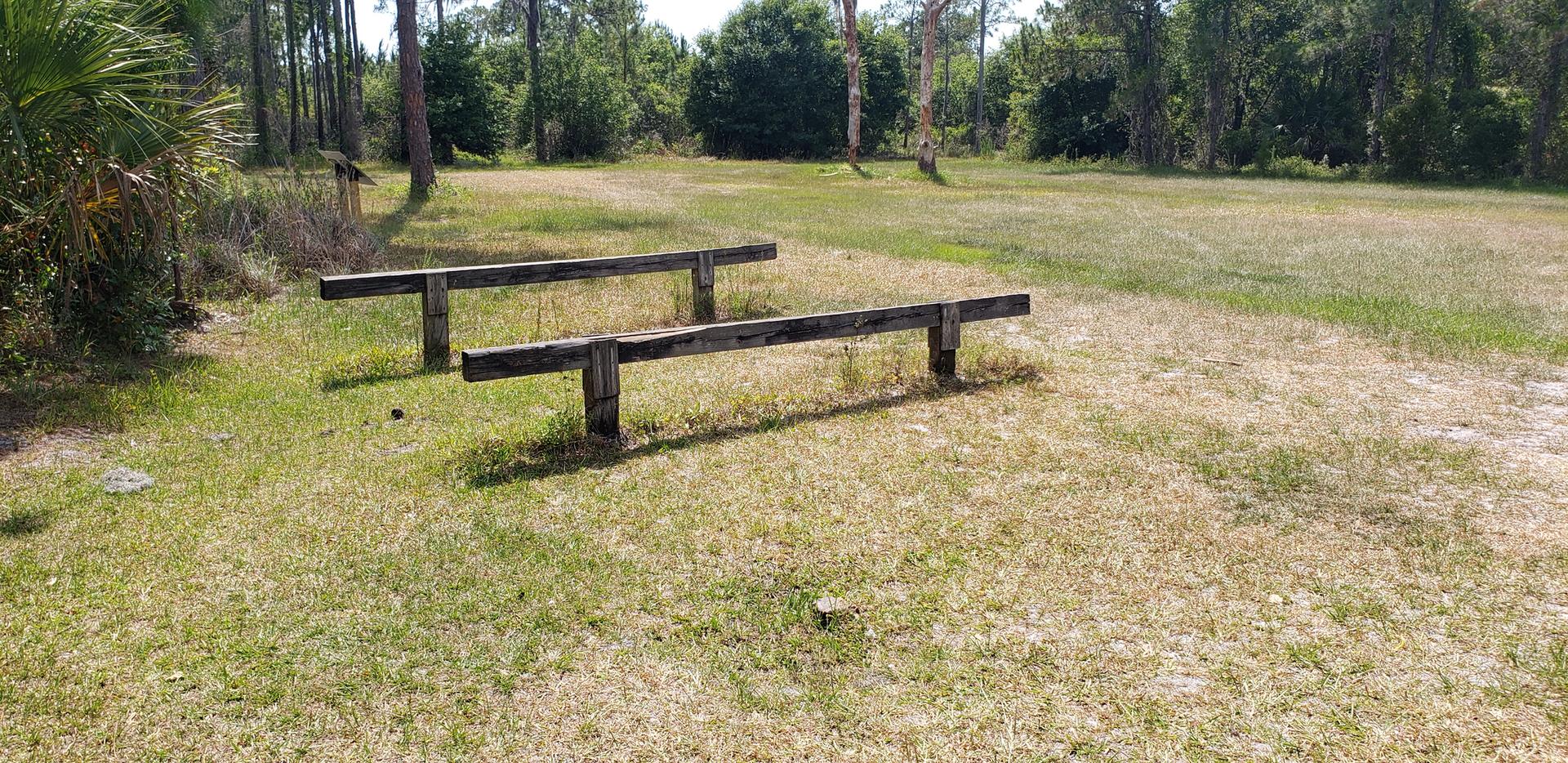 Two wooden balance beams in a sunny, grassy field with distant trees.