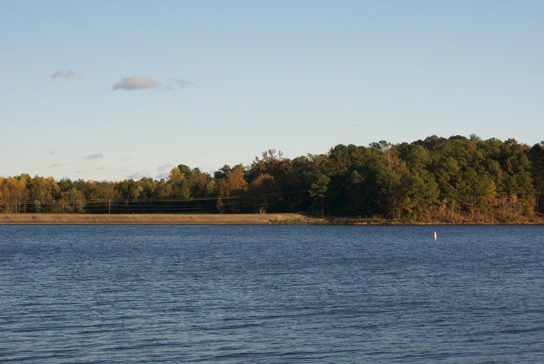 Wide view of a calm lake with a distant colorful treeline under blue sky.