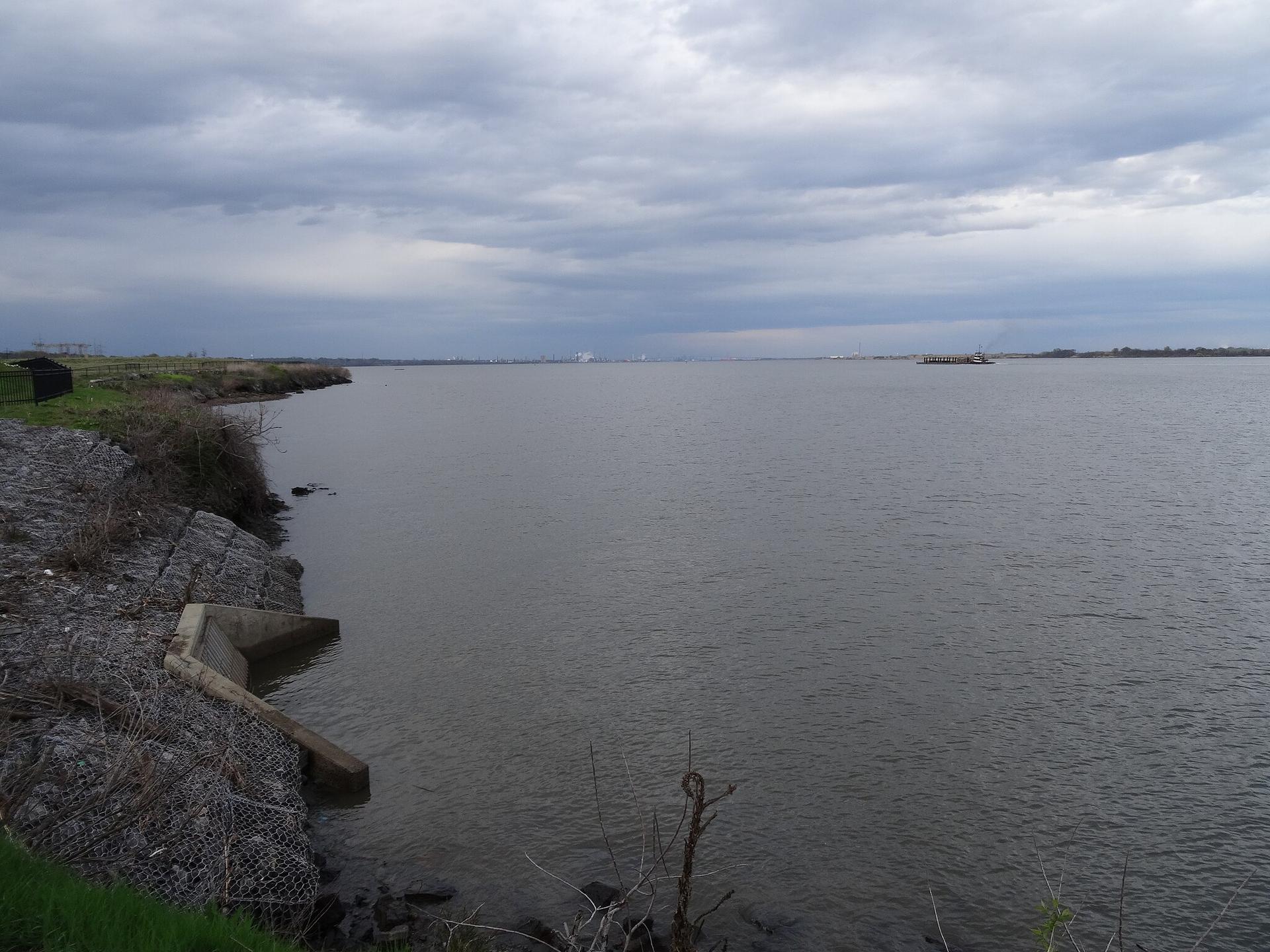 Overcast day over a wide river with a brushy, rocky shore.