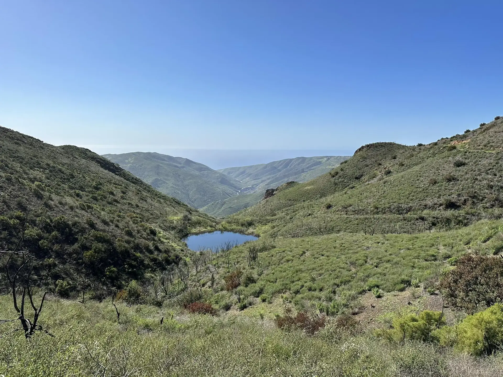 A small, dark blue lake nestled in a green, sunny mountain valley.