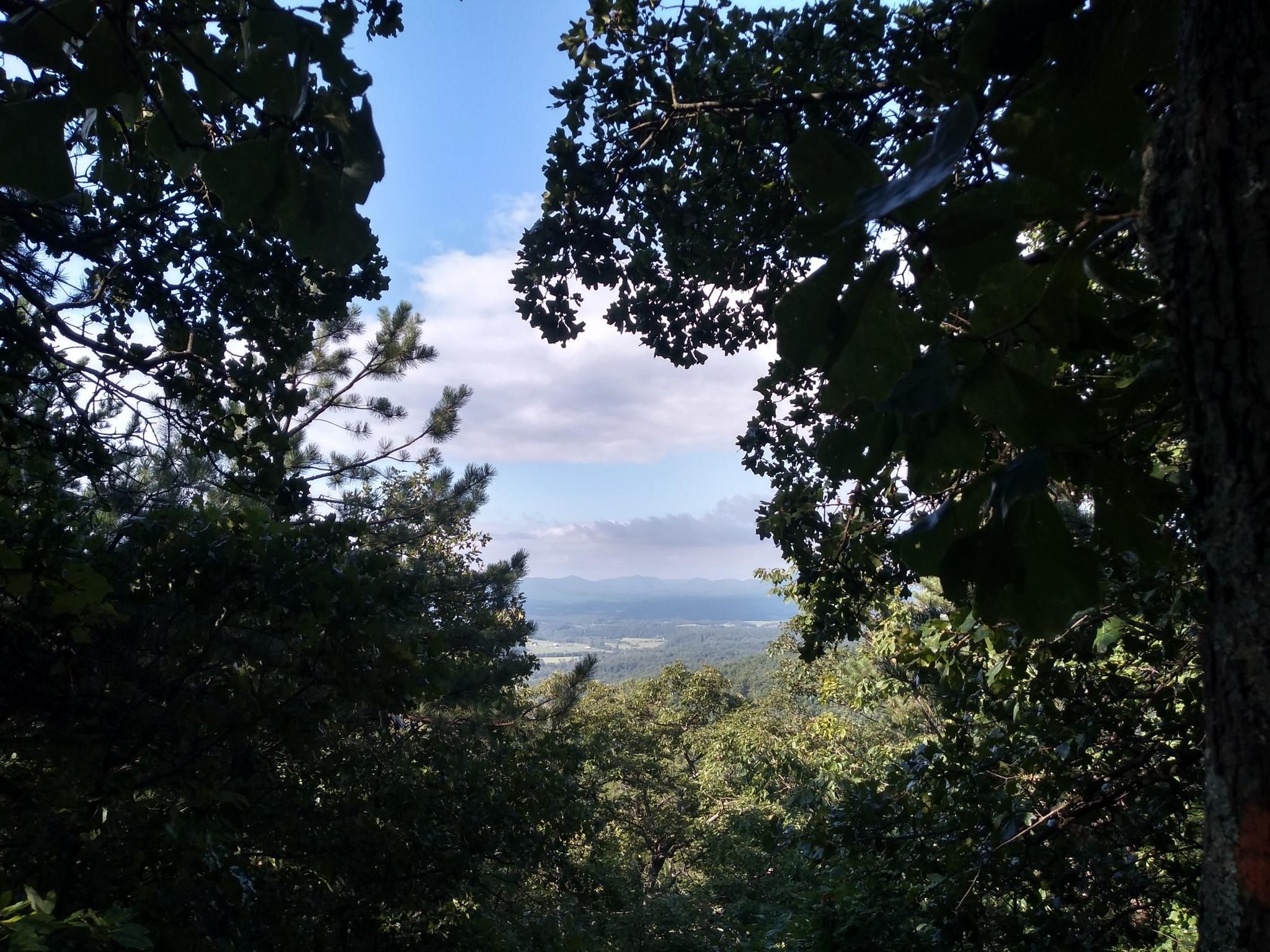 Lush green trees frame a distant valley under a partly cloudy sky. - Meneka Peak Loop via Massanutten Trail and Tuscarora Trail