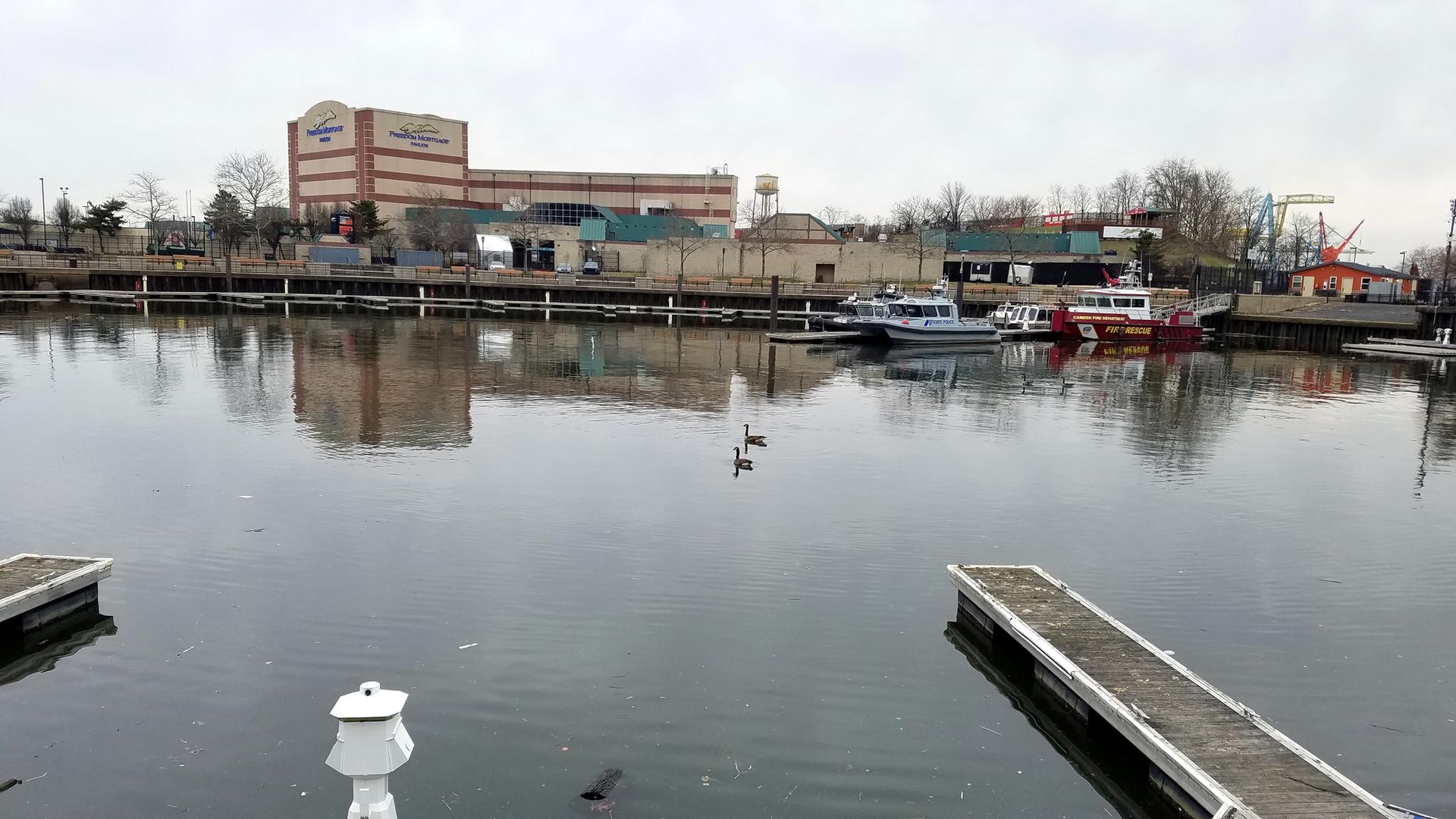 Calm marina water with docks, boats, and distant buildings under an overcast sky.