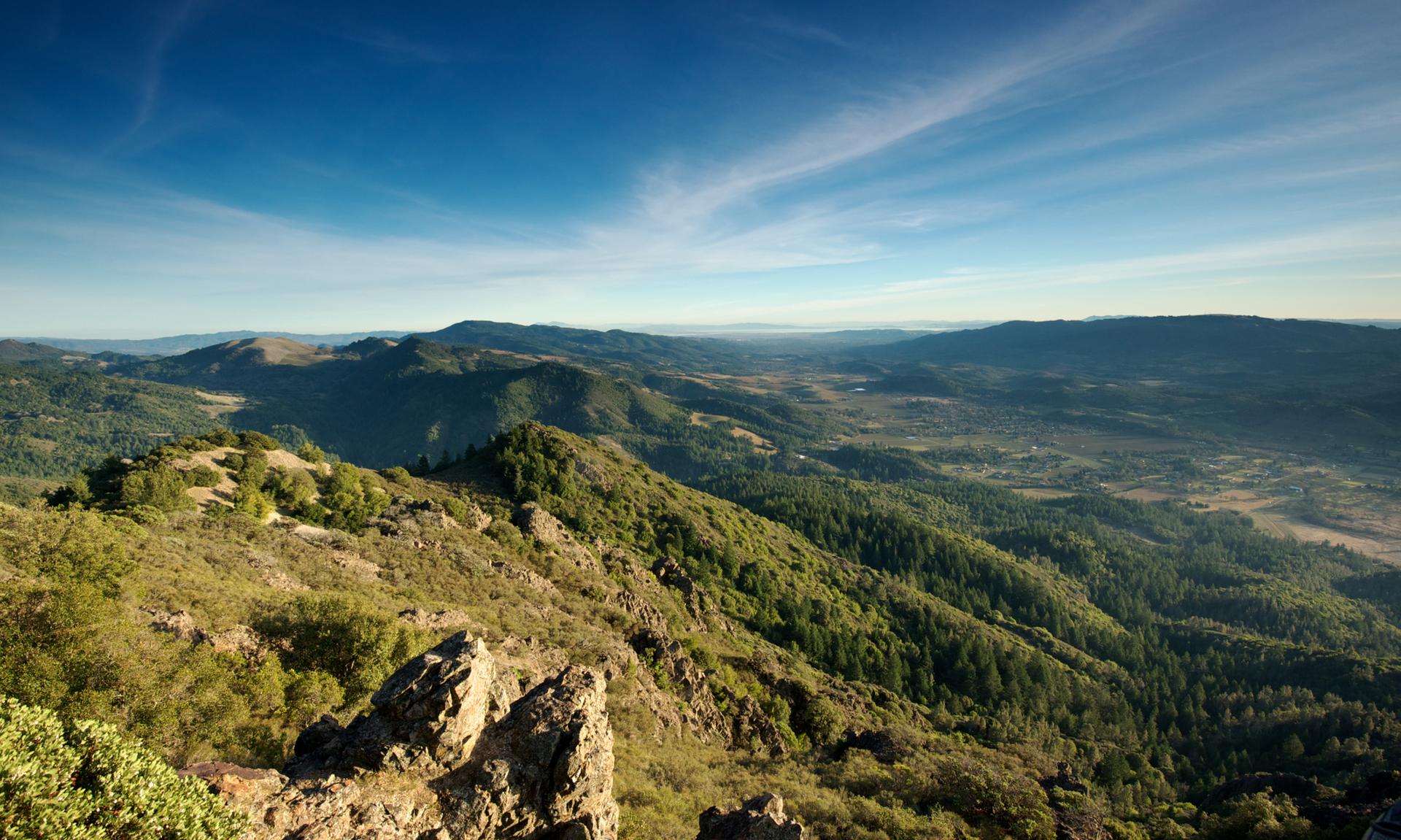 Expansive view of forested mountains and valleys under a bright blue sky.