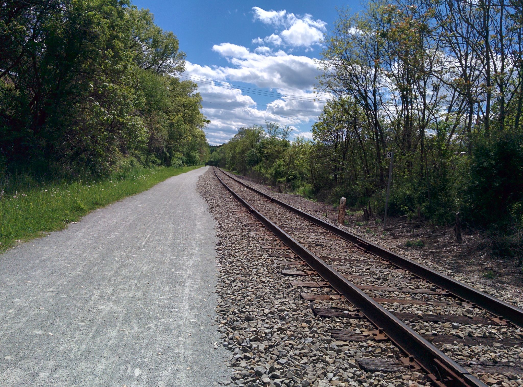 Gravel path next to railroad tracks, lined by green trees under a cloudy sky. - Greensburg – Five Star Trail loop from Greensburg
