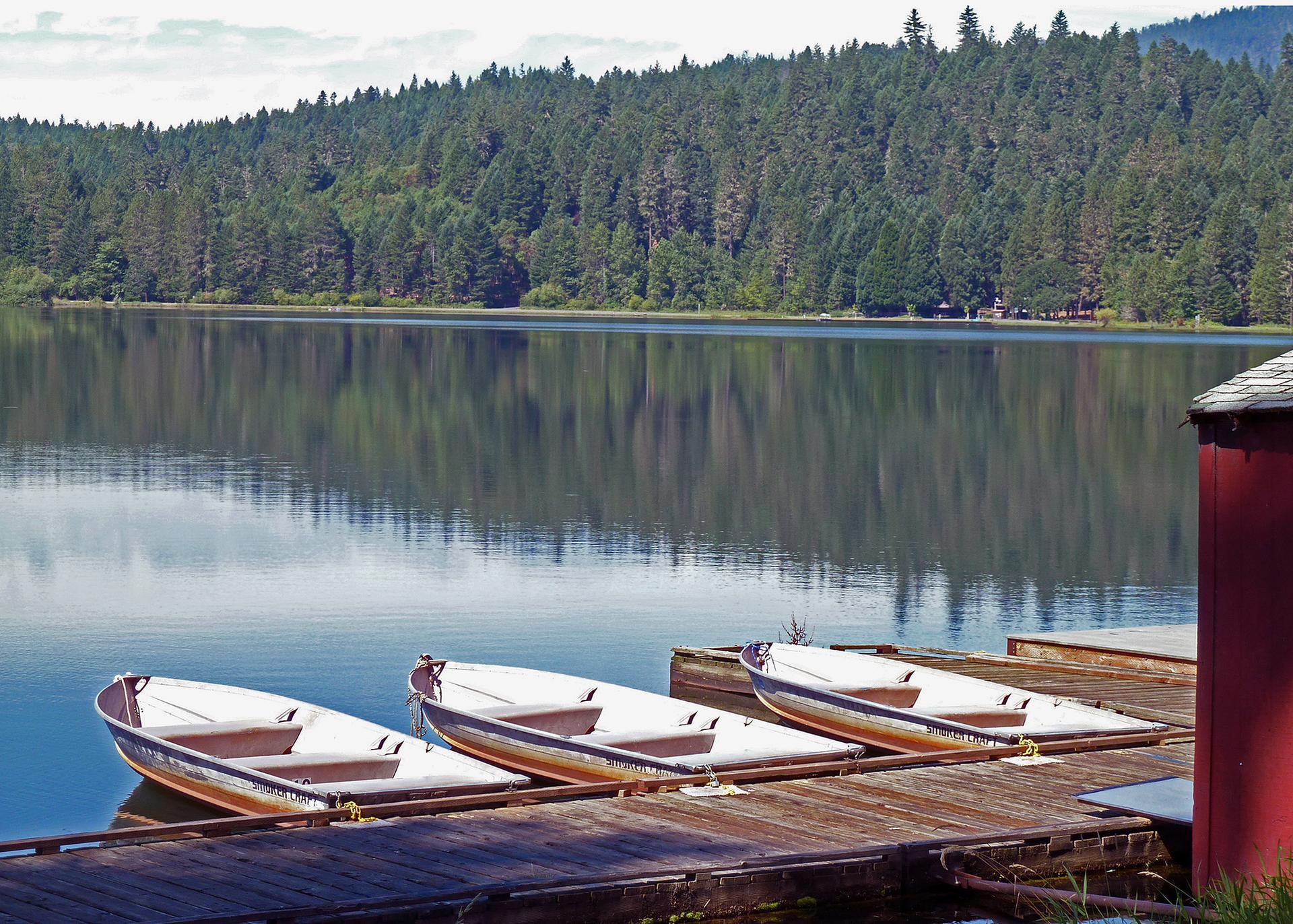 Three boats docked on a pier on a calm lake with forest reflections.