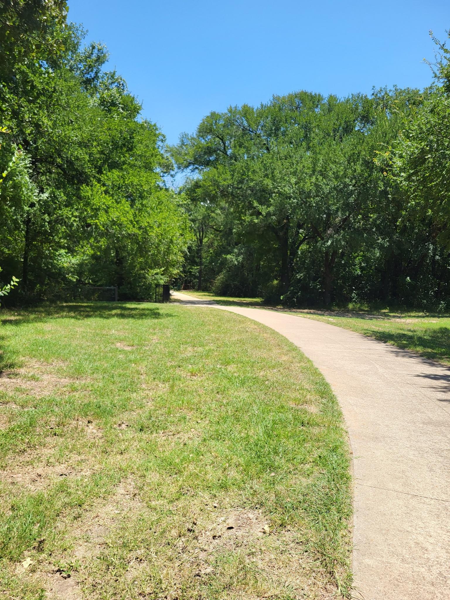 A paved path curves through a sunny, grassy area lined with green trees.