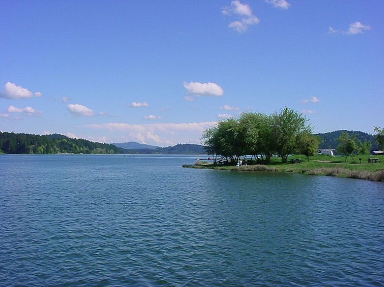 A wide blue lake with forested shores and a clear sky with scattered clouds. - Hagg Lake Trail