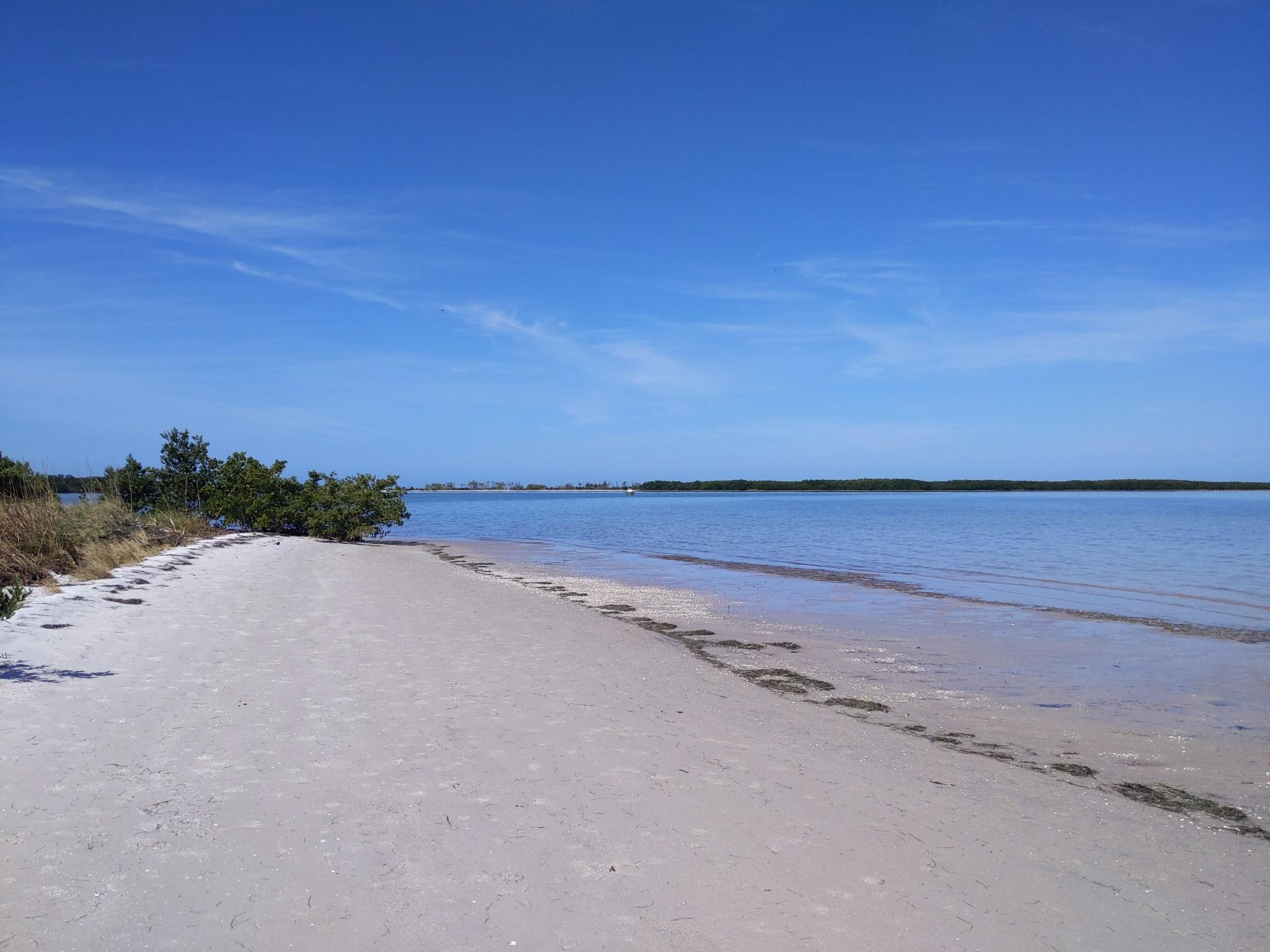 Sandy beach next to calm blue water under a clear sky.