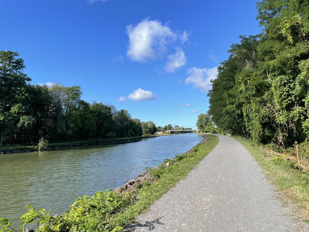 Paved path next to a wide canal, lined with green trees under blue sky.
