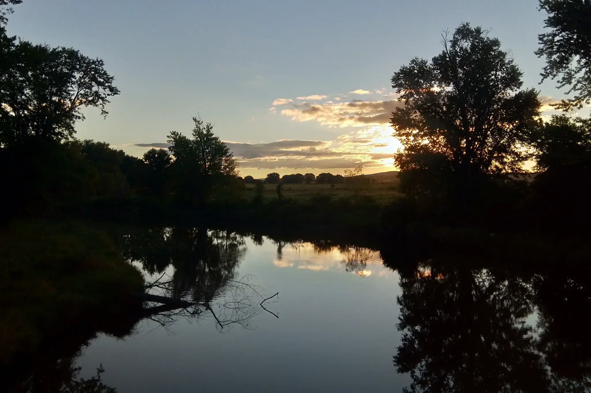 Sunset over a calm lake, silhouetted trees reflect in the water.