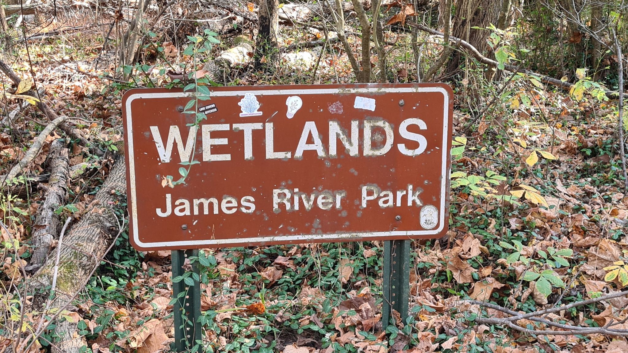 A brown sign for wetlands stands in a wooded area with fallen leaves. - James River Park Pony Pasture – Pony Pasture loop from Midlothian
