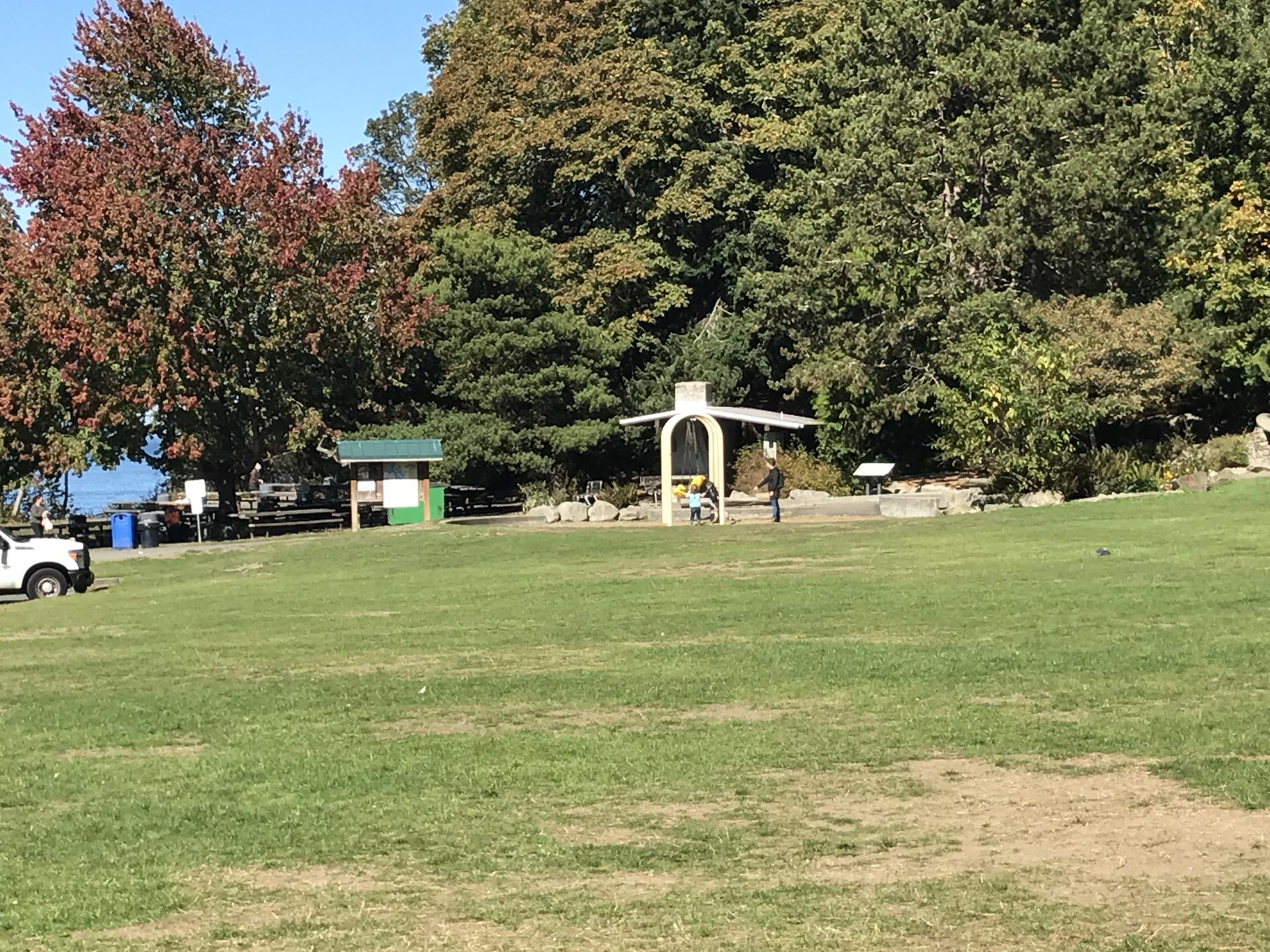 Bright day over a grassy park with trees, shelters, and people by the water.