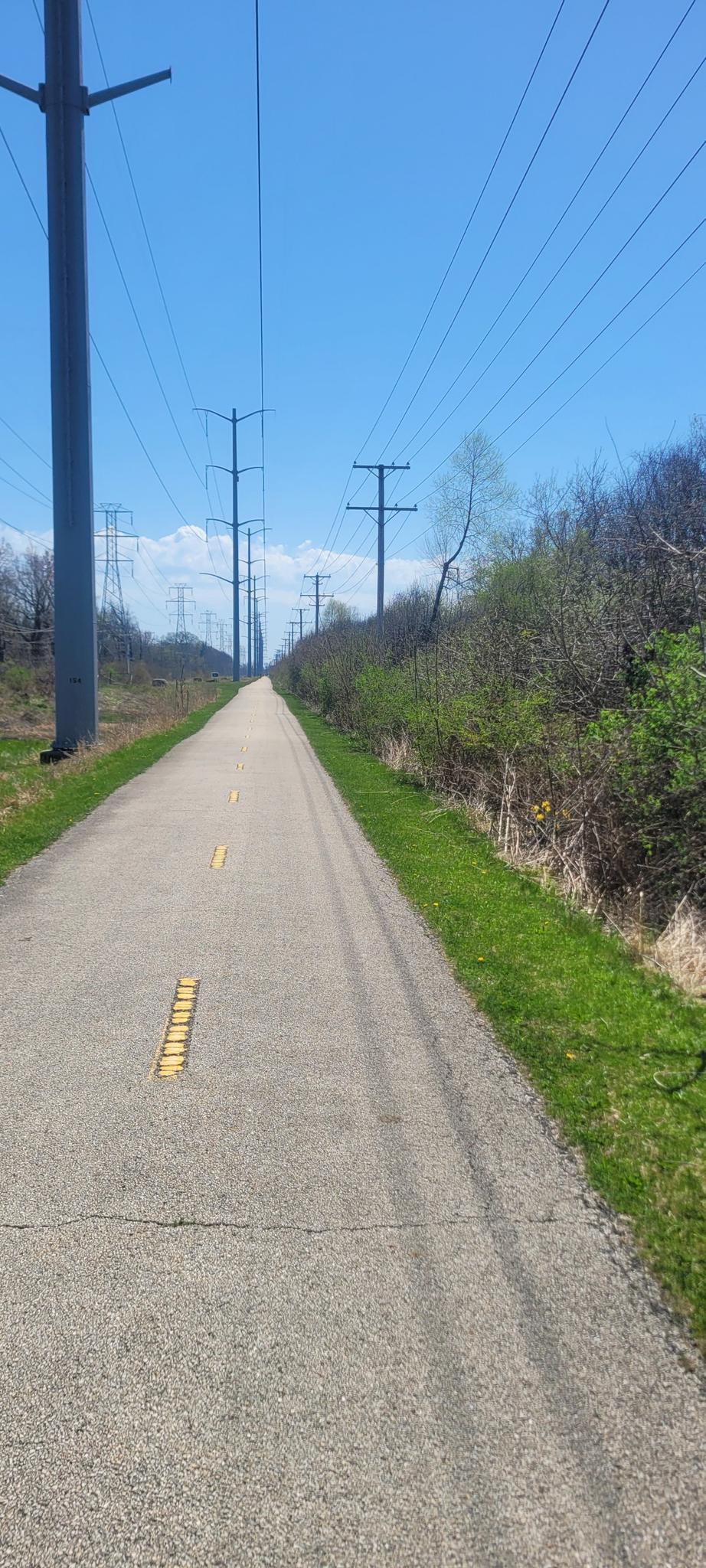 A paved path stretches under power lines on a bright, clear day.