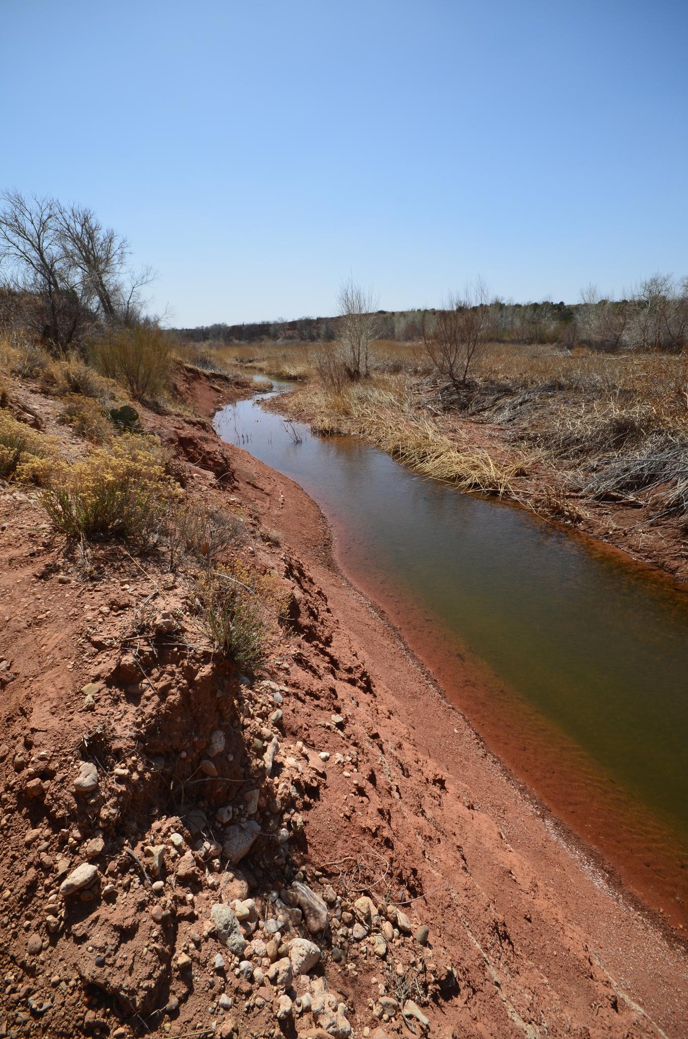 Narrow stream flowing through red dirt banks under a clear blue sky.
