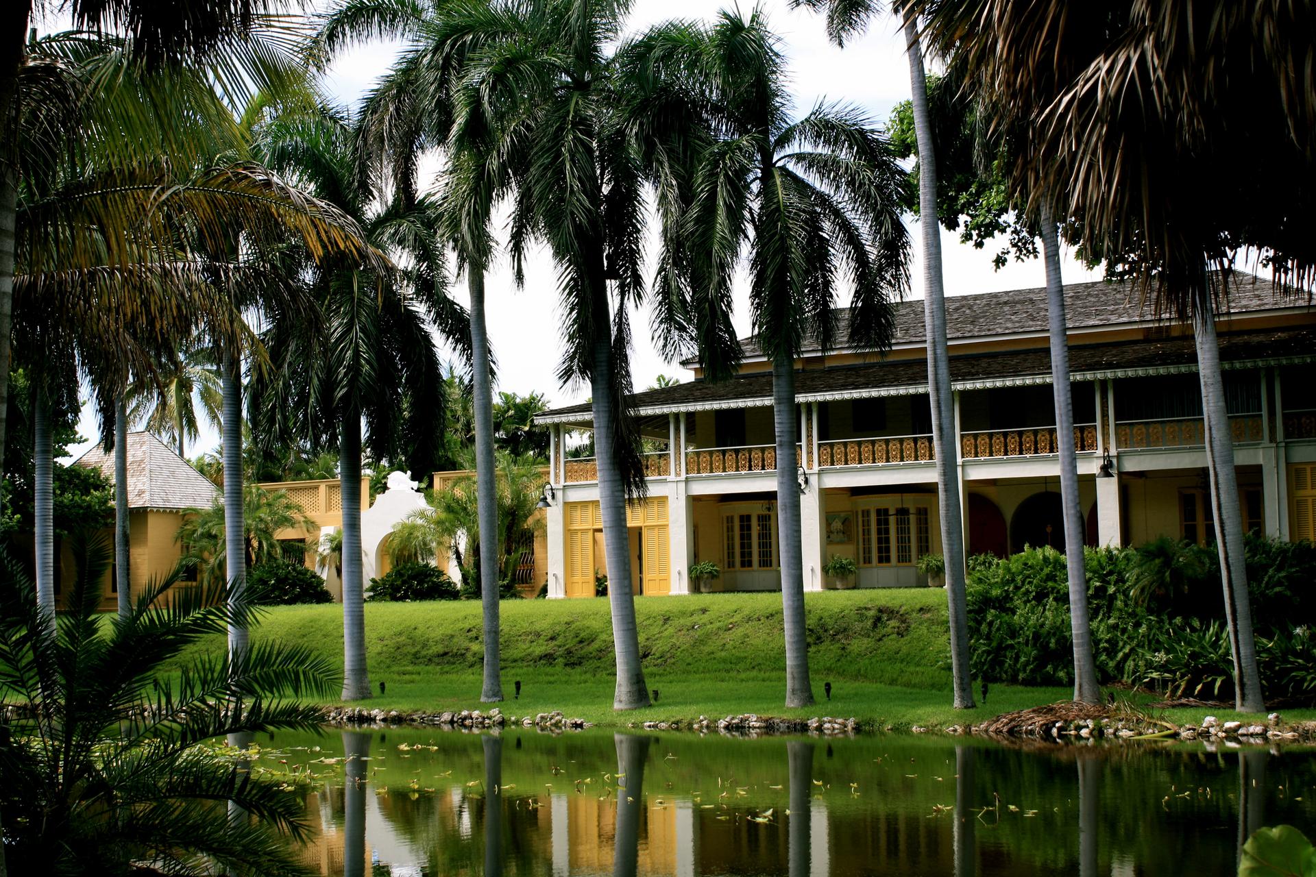 Grand house behind a pond, surrounded by tall palm trees.