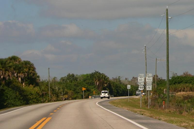 A curved road with cars, palm trees, and utility poles under a cloudy sky.