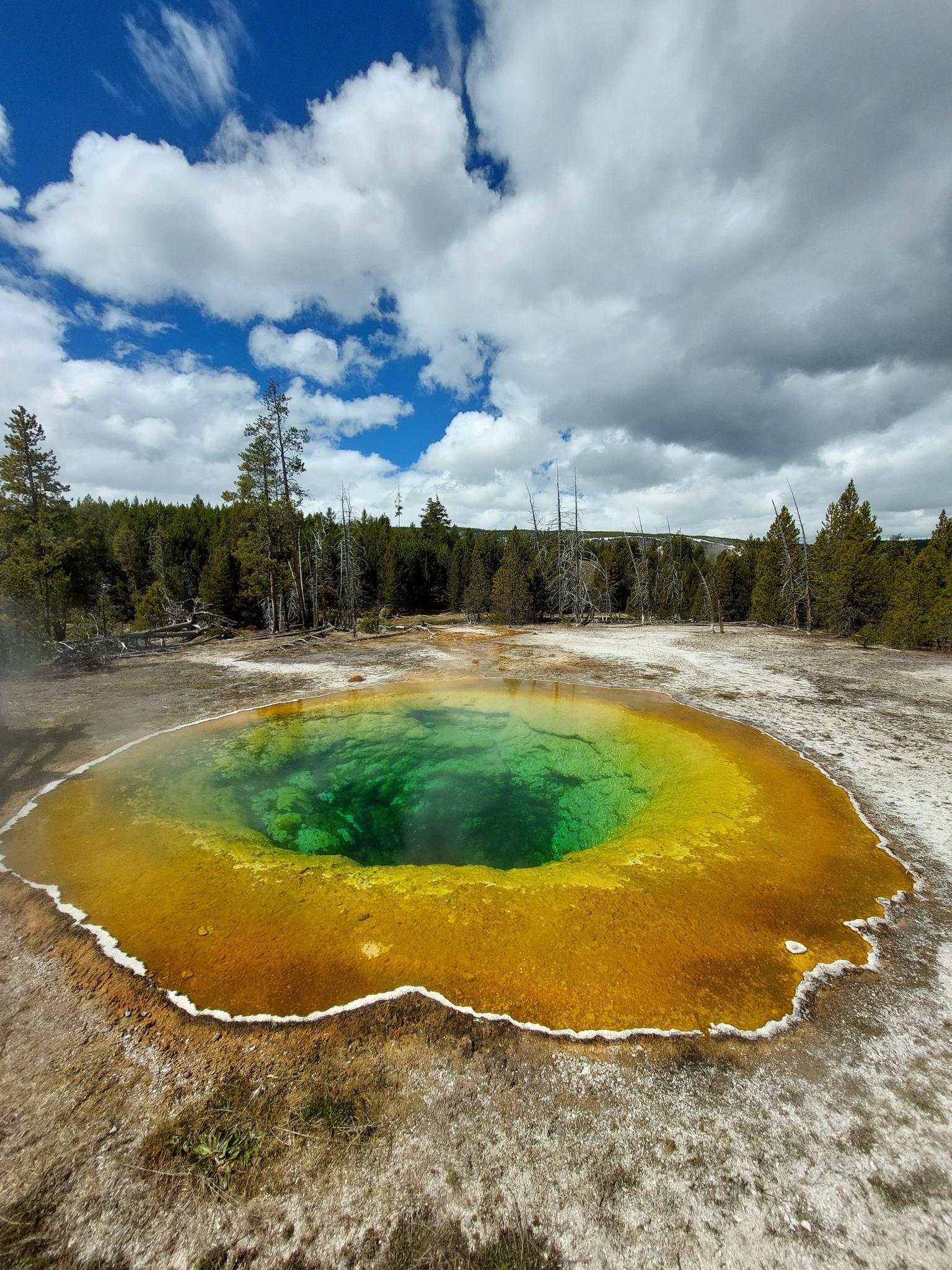 A vibrant, colorful hot spring pool with green and orange hues under a cloudy sky.