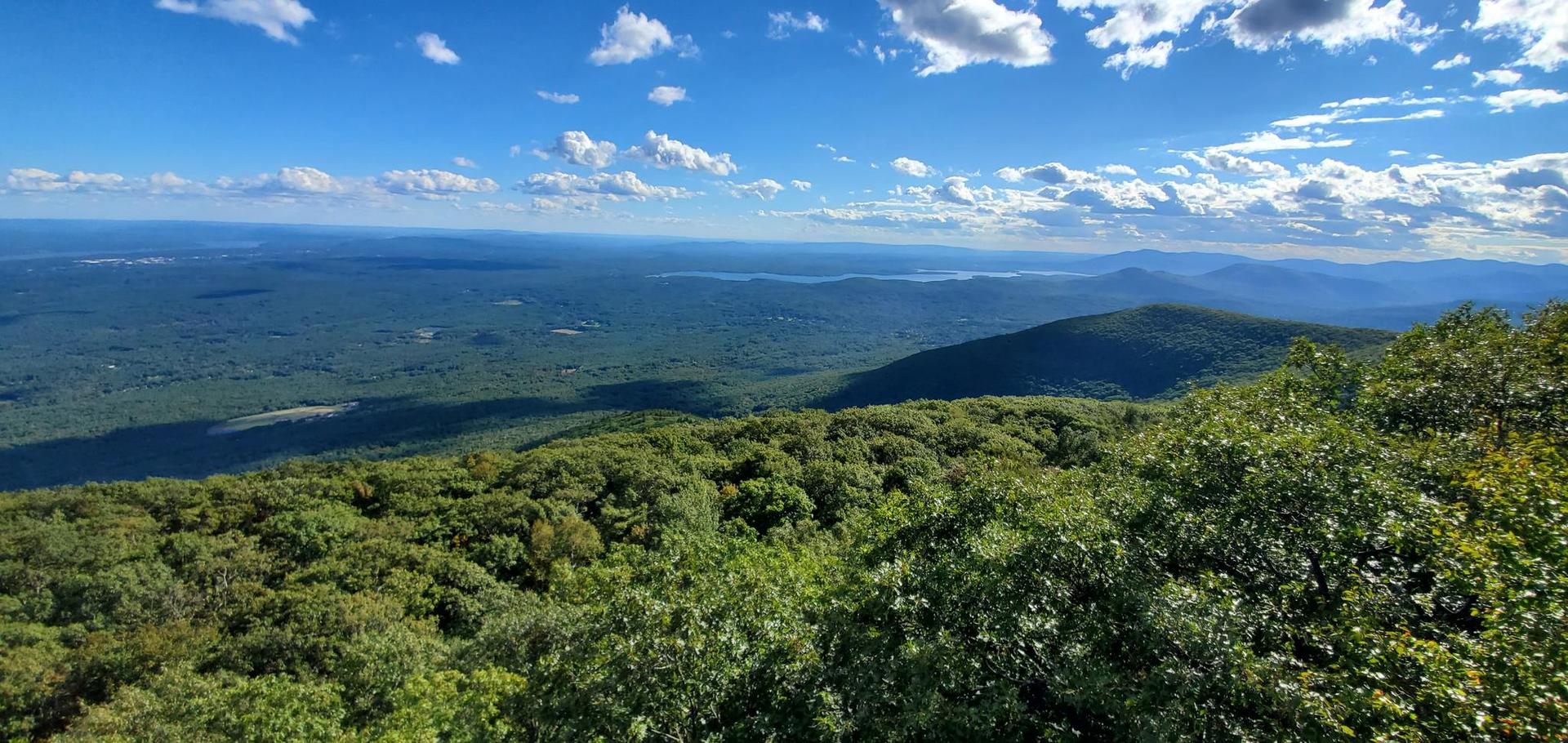 Panoramic view of lush green forests, distant mountains, and water under a bright blue sky.