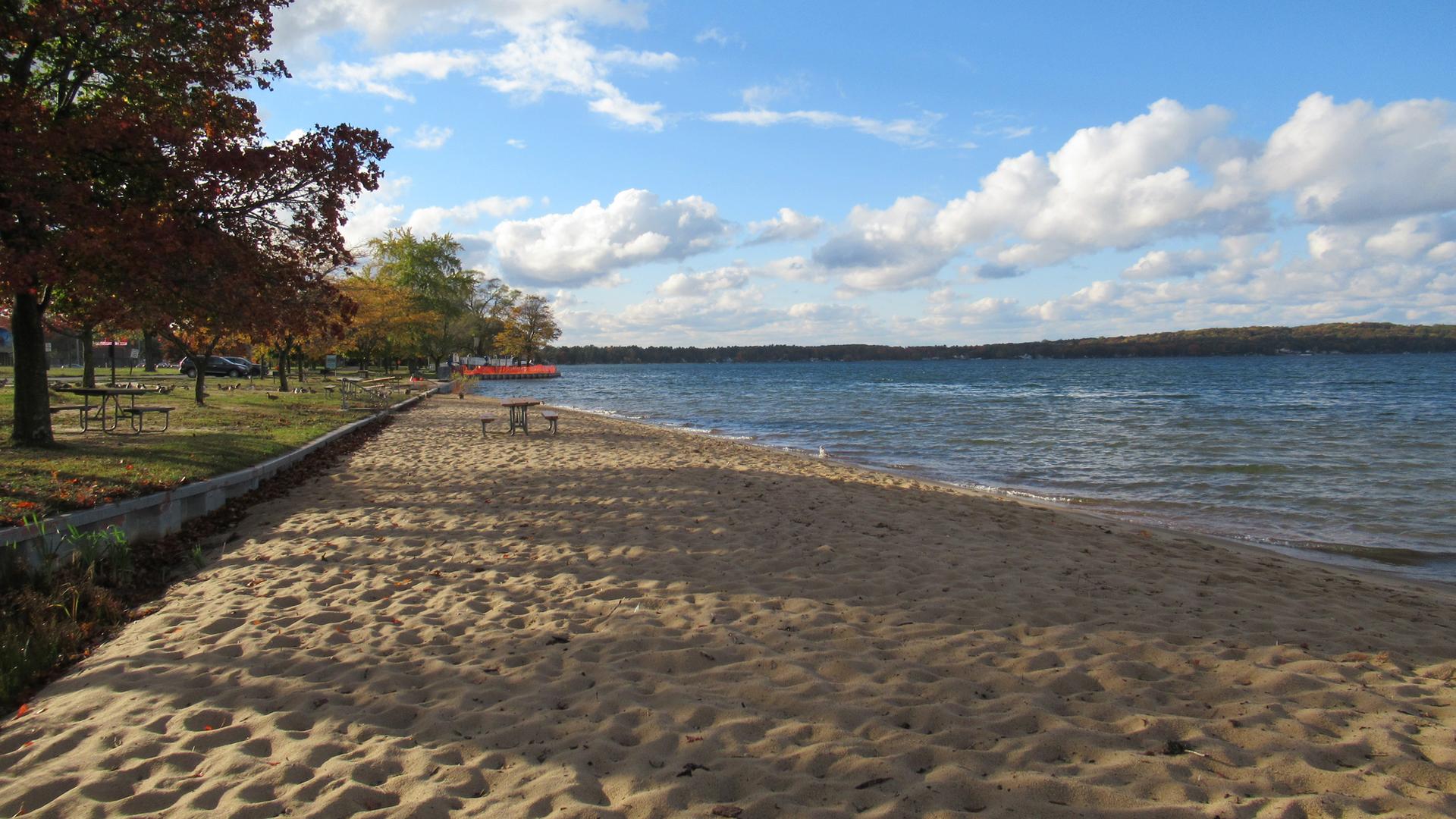 Sandy beach by a lake with autumn trees and picnic tables under a cloudy sky.