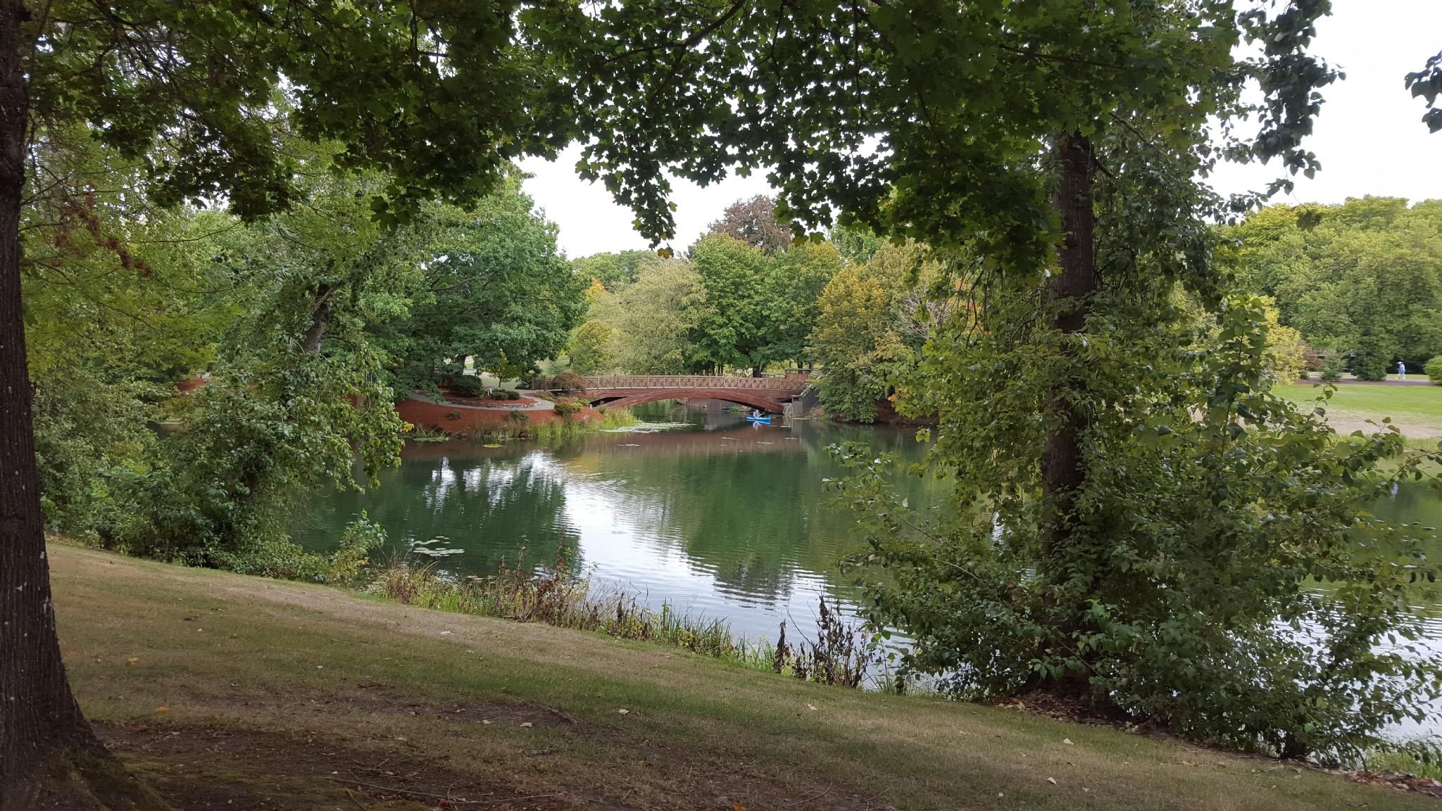 Calm lake with a stone bridge, framed by lush green trees. - Lake Sacajawea Park loop