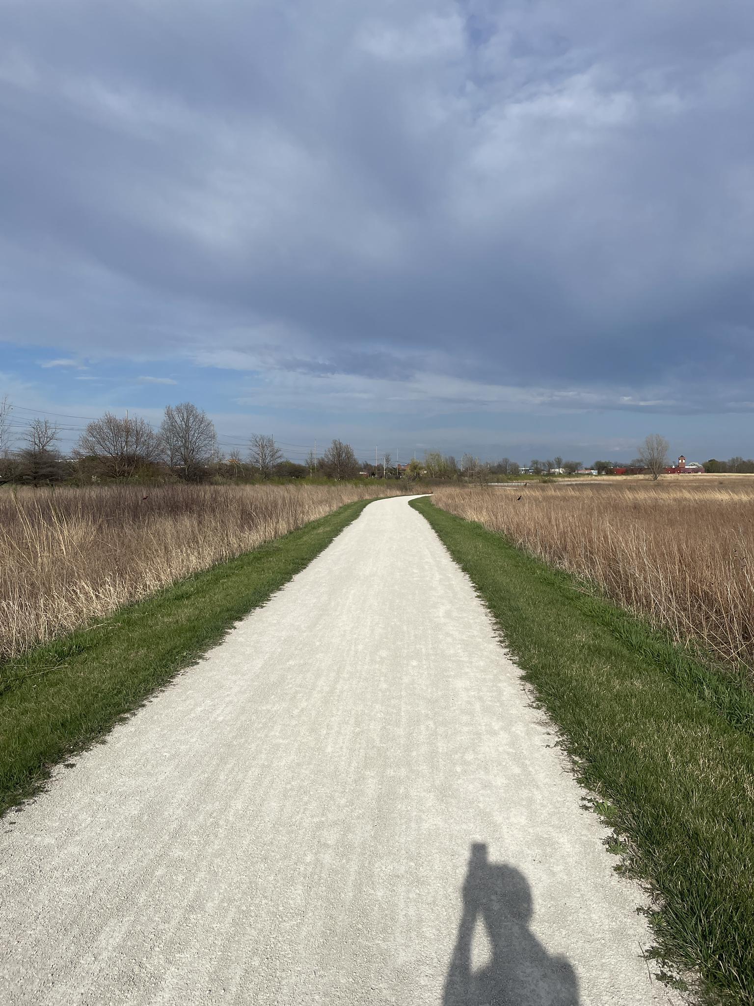 Gravel path through dry fields under a cloudy sky, with a person's shadow.