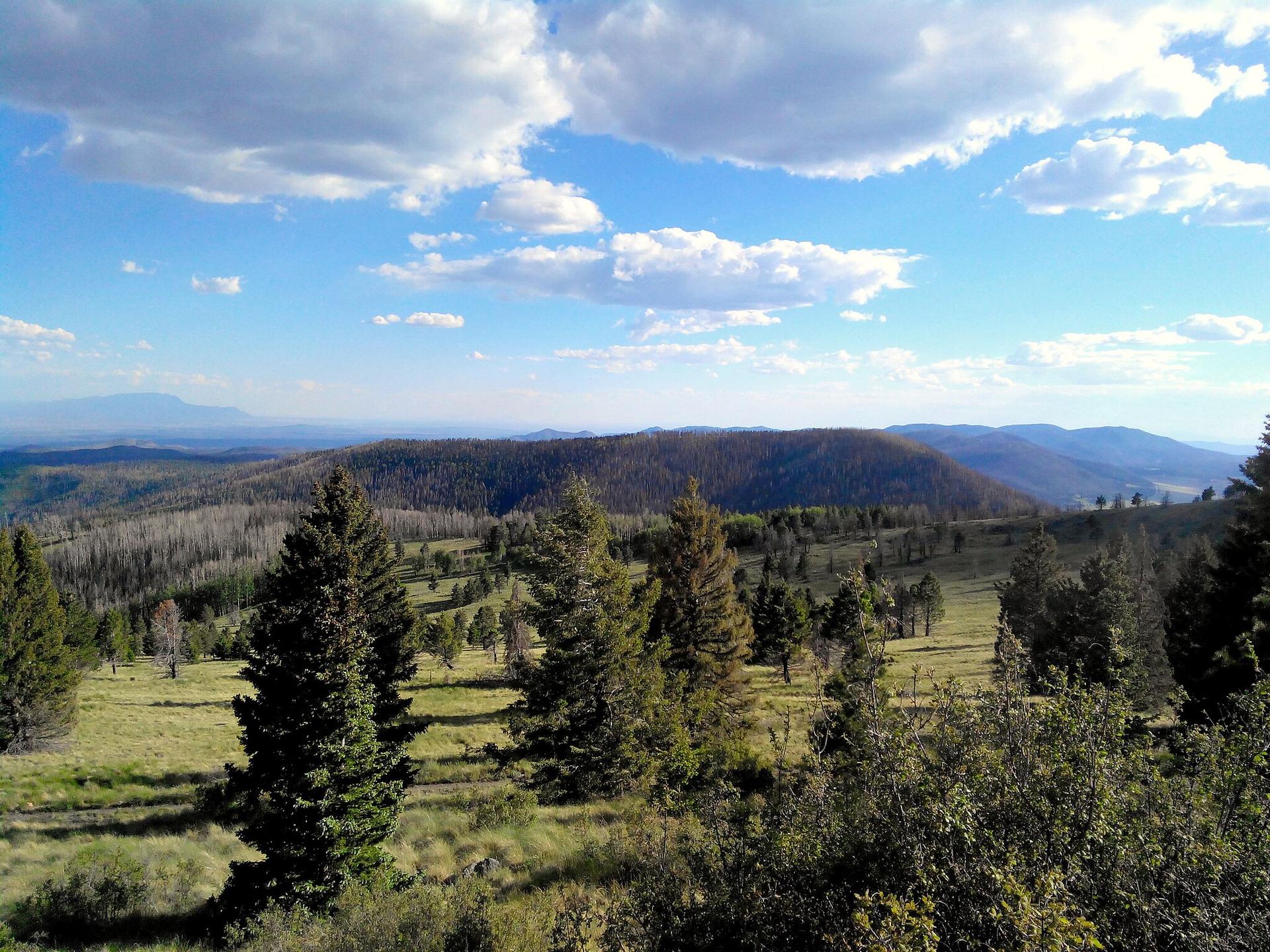 Expansive mountain landscape with forests, clearings, and distant hills under blue sky.