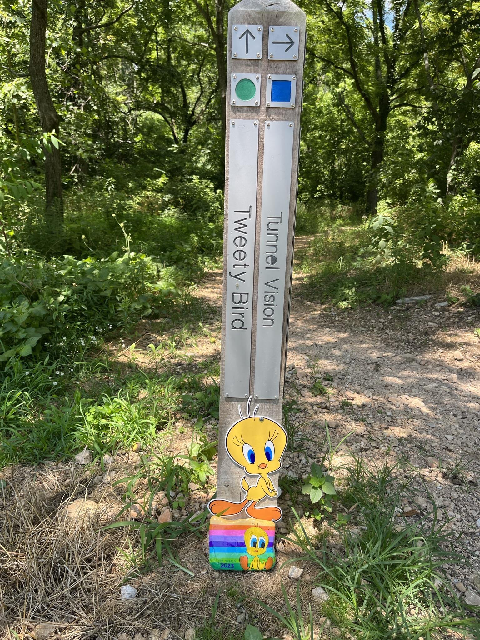 A trail marker post with signs and a Tweety Bird cutout in a sunny green forest.