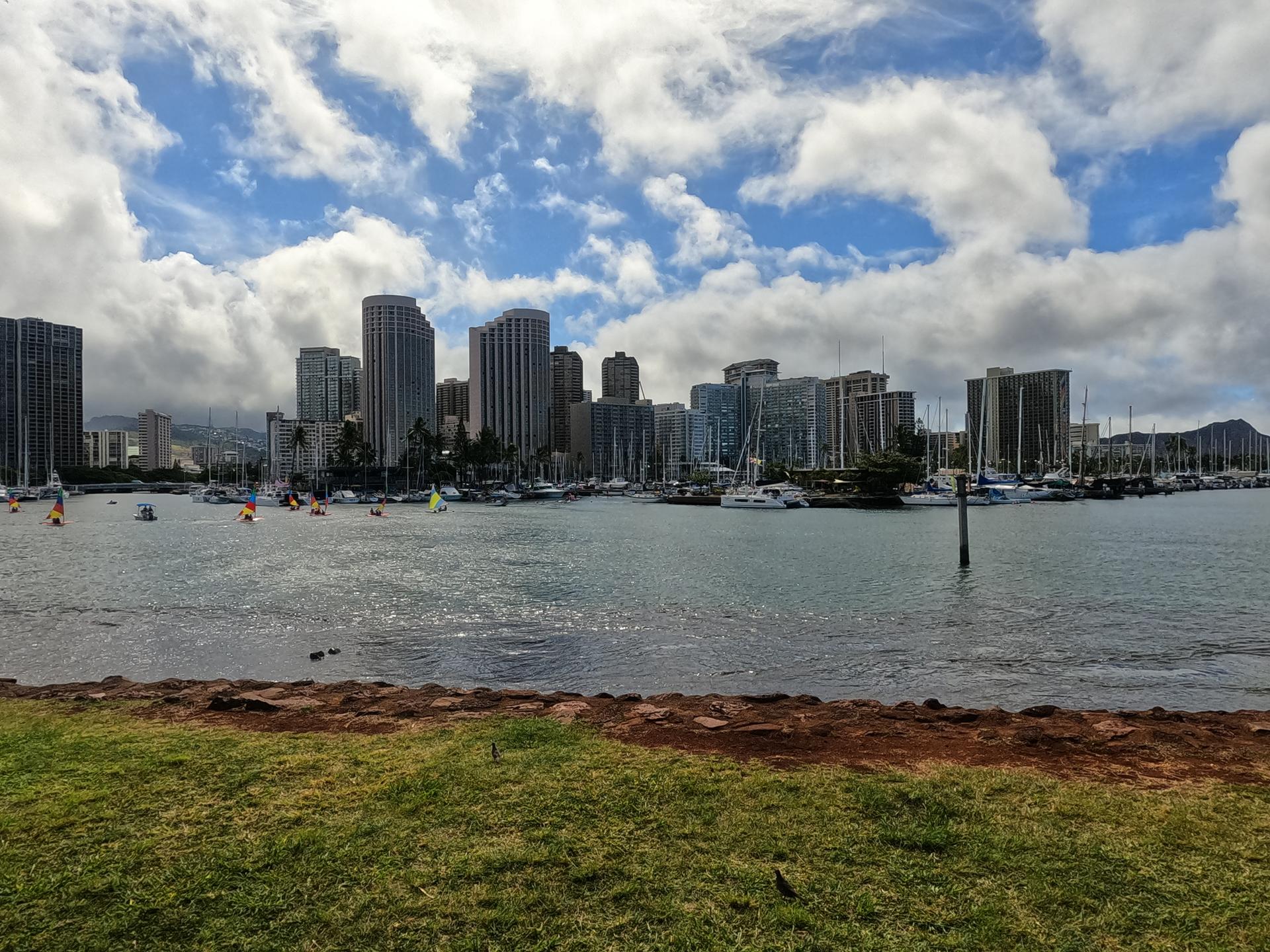 City skyline behind a marina with boats, seen from a grassy shore.