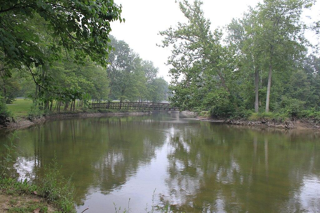 Calm river with a distant bridge, surrounded by lush green trees.