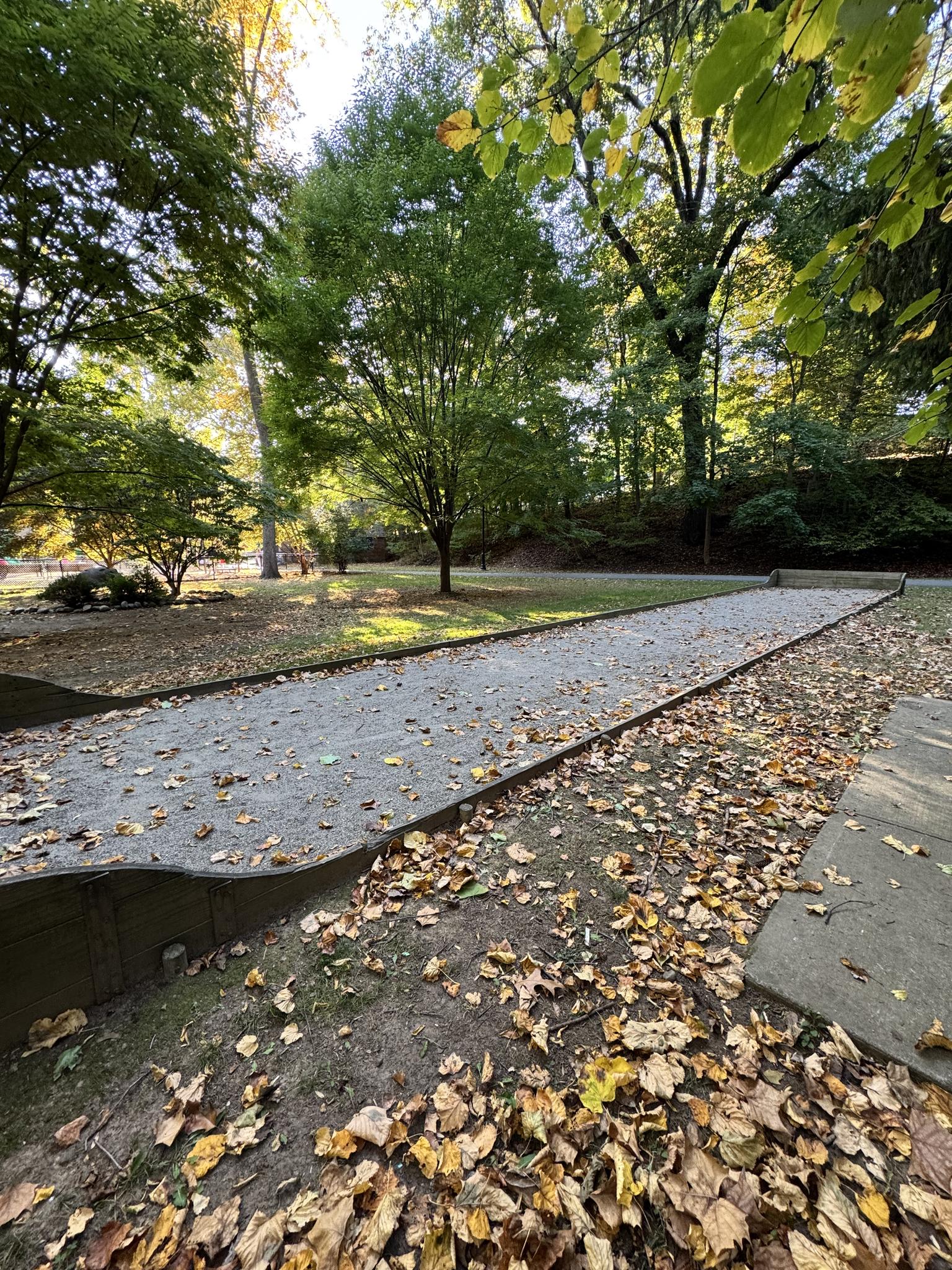 A bocce ball court covered in autumn leaves, surrounded by sunlit trees.