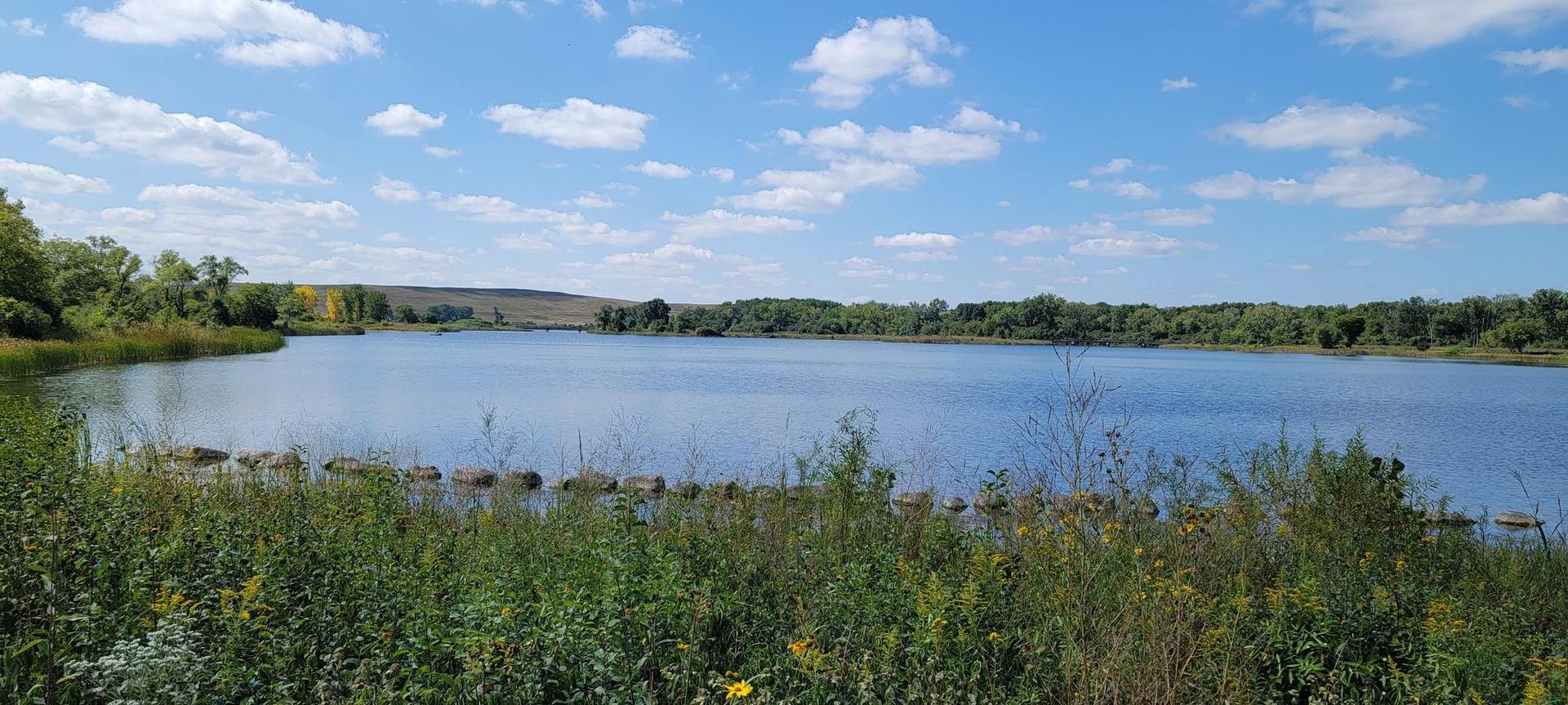 A calm lake surrounded by green trees and vegetation under a blue sky.