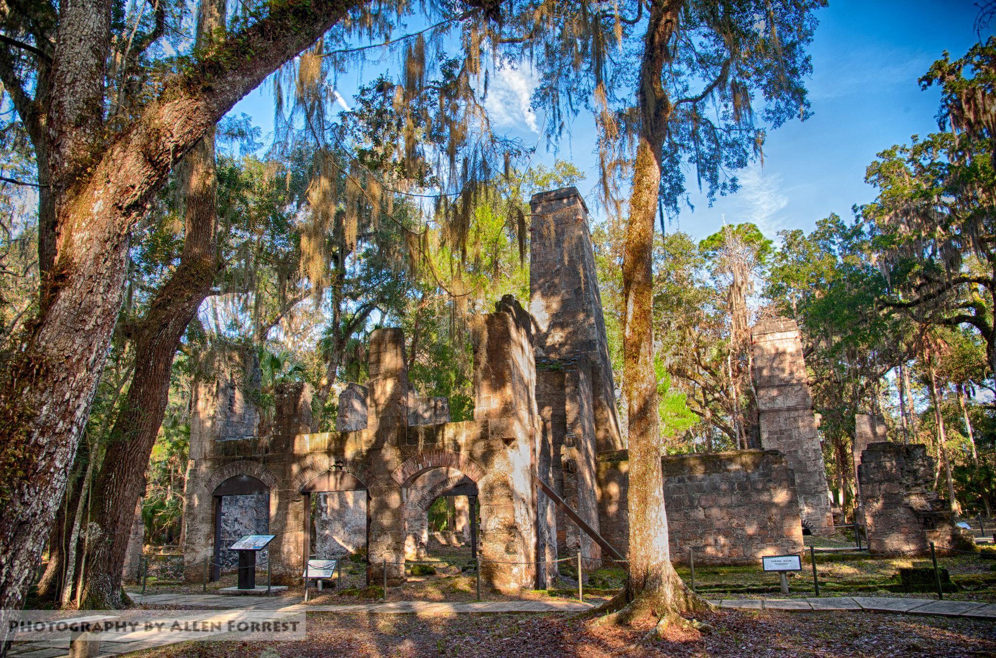 Historic stone ruins stand among moss-draped trees under a bright blue sky. - Bulow Creek State Park loop from Ormond Beach